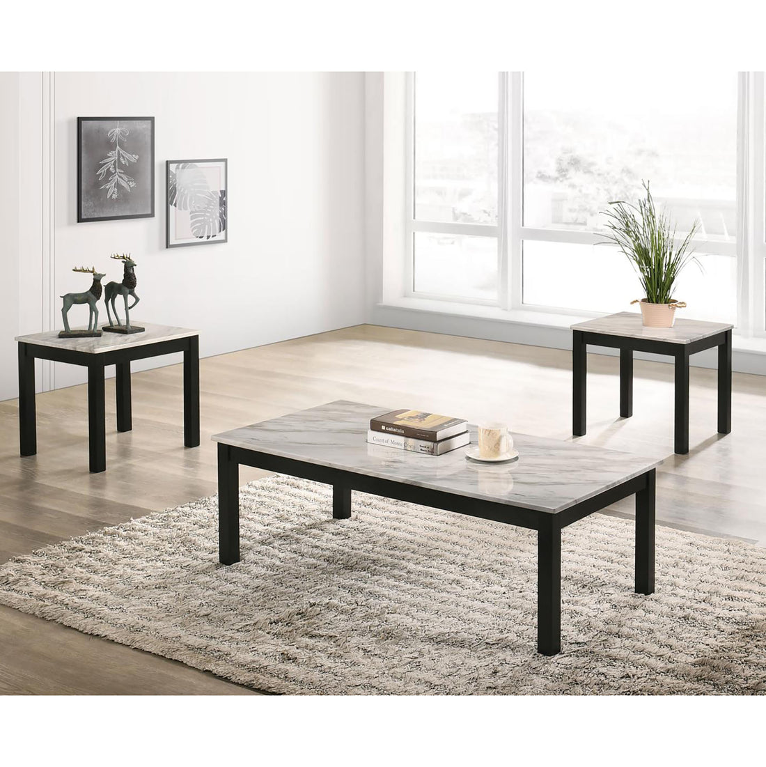 White And Black 3 Piece Occasional Set White White Primary Living Space Transitional Tabeltop Rubberwood Rectangular Coffee & End Tables Wood Parsons