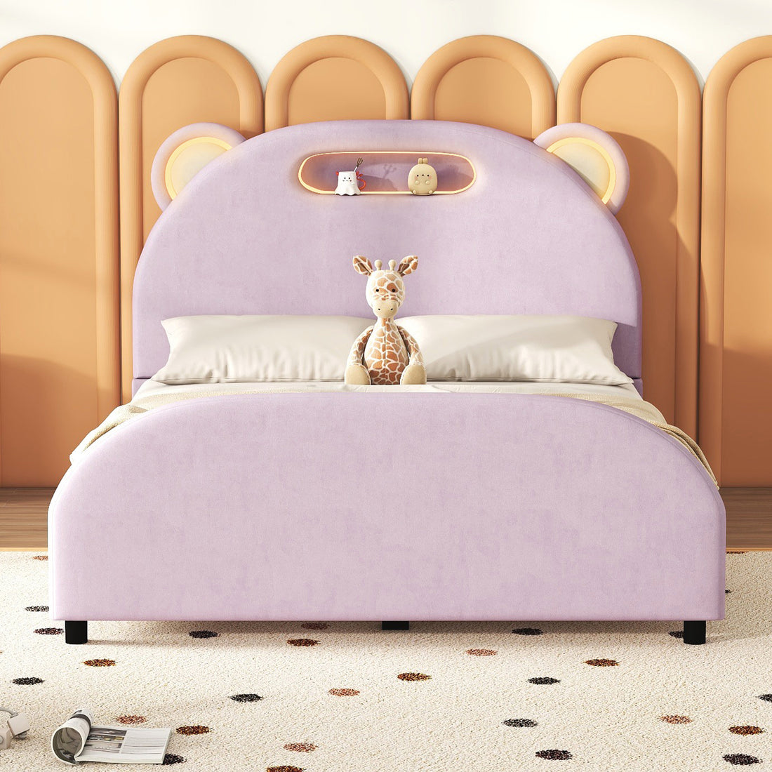 Full Size Upholstered Platform Bed With Bear Shaped Headboard And Embedded Light Stripe, Velvet, Pink Pink Velvet