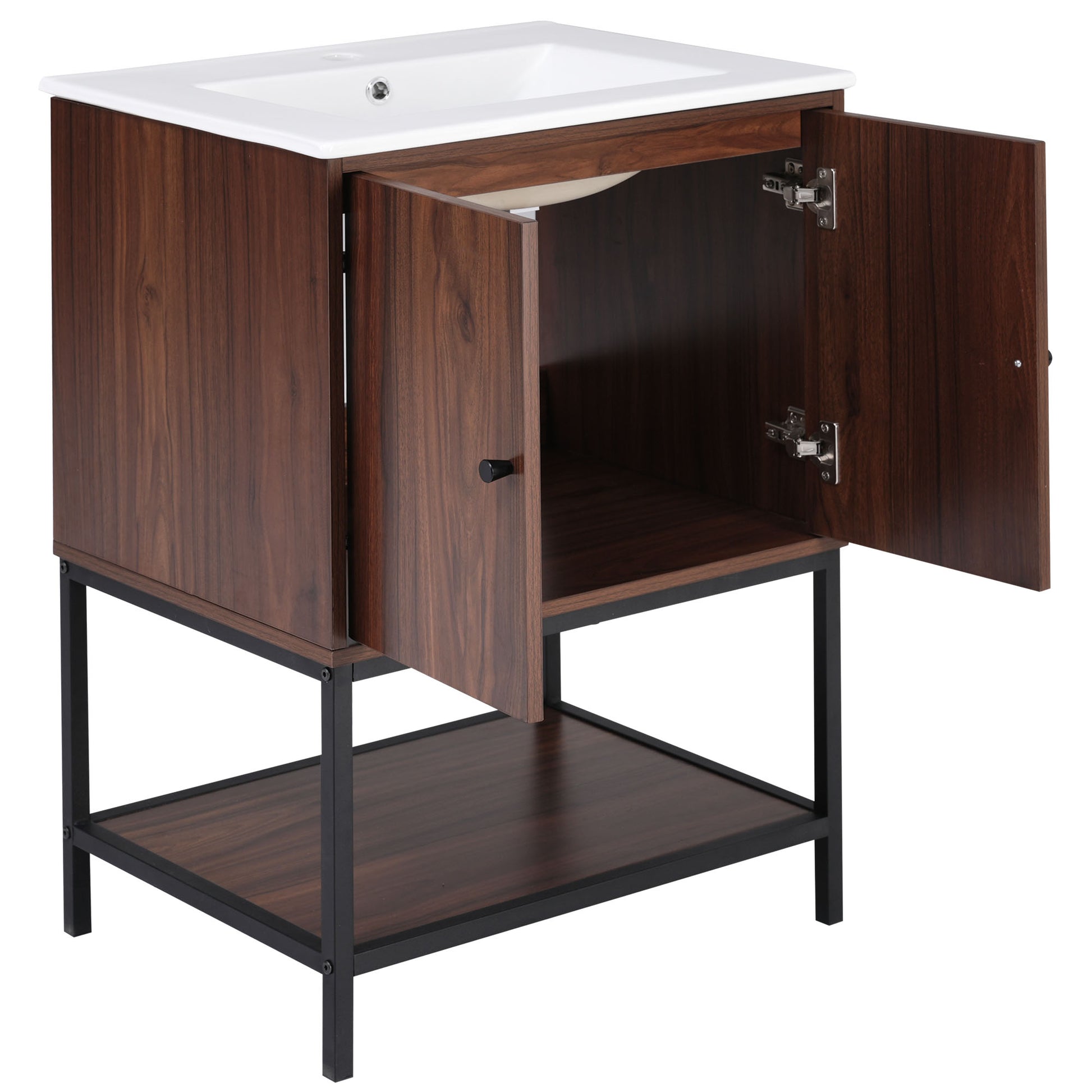 Viedo 24" Inch Walnut Finish Bathroom Vanity Cabinet With 2 Soft Close Doors, Open Storage Walnut Mdf Metal