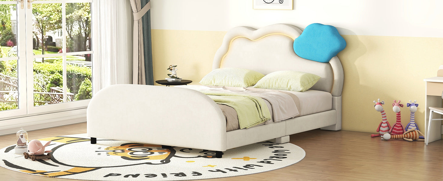 Full Size Upholstered Platform Bed With Cloud Shaped Headboard And Embedded Light Stripe, Velvet, Beige Beige Velvet