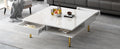 Exquisite High Gloss Coffee Table With 4 Golden Legs And 2 Small Drawers, 2 Tier Square Center Table For Living Room, White White Primary Living Space Particle Board