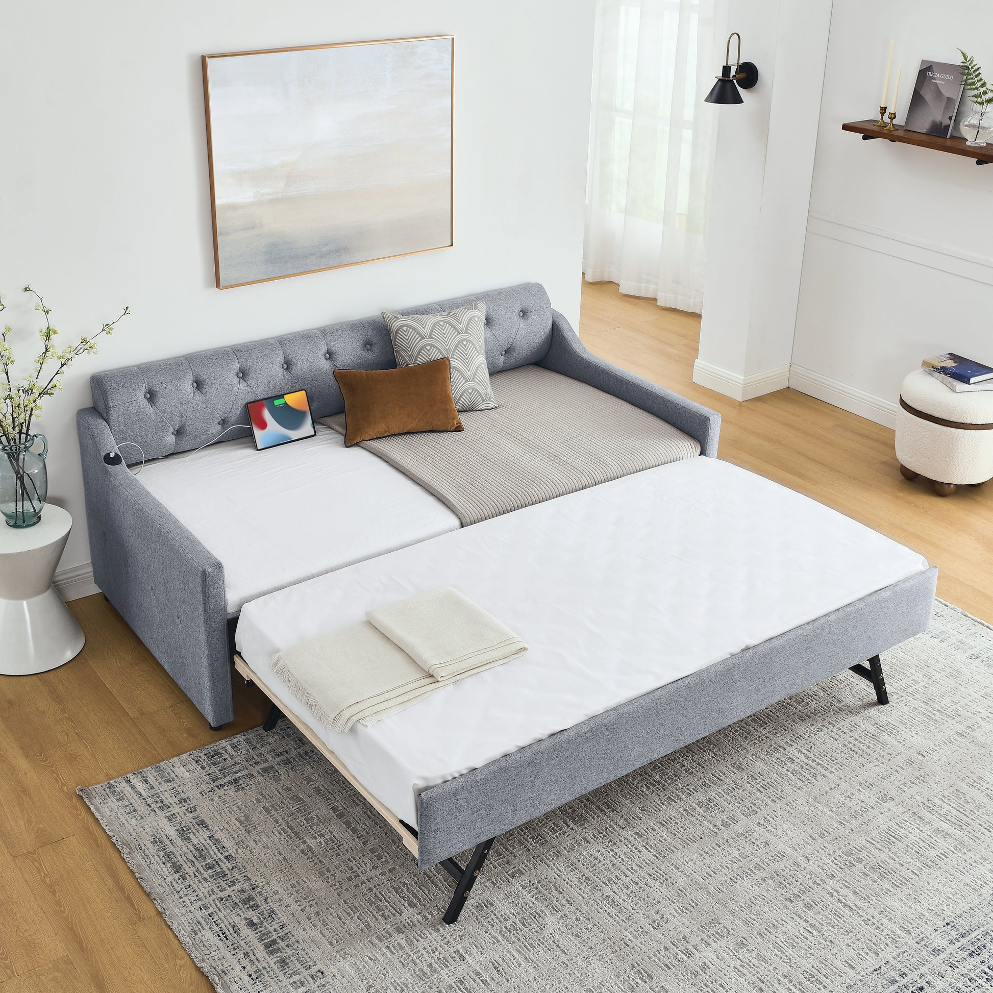Twin Size Upholstery Daybed With Twin Size Erectable Trundle And Usb Charging Design, Linen Grey Twin Grey Linen