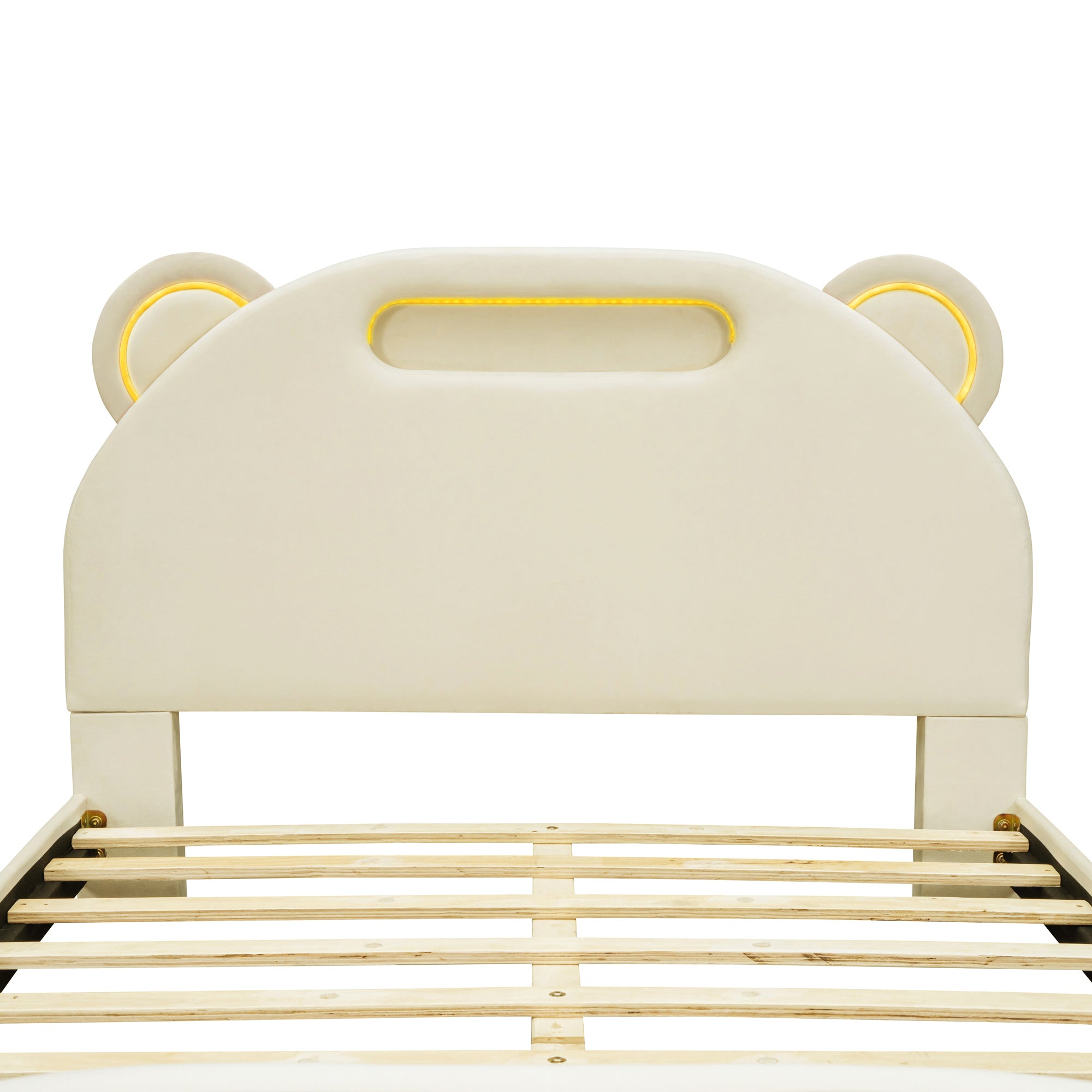 Full Size Upholstered Platform Bed with Bear Shaped beige-velvet