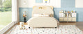 Full Size Upholstered Platform Bed With Bear Shaped Headboard And Embedded Light Stripe, Velvet, Beige Beige Velvet