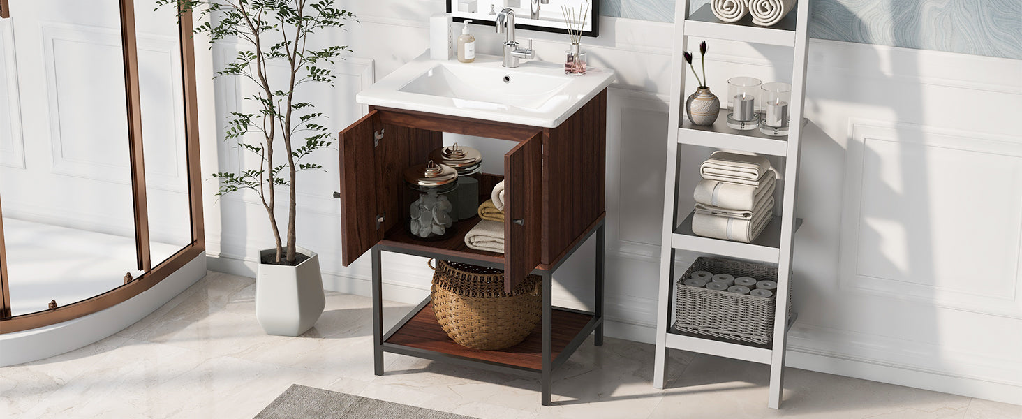 Viedo 24" Inch Walnut Finish Bathroom Vanity Cabinet With 2 Soft Close Doors, Open Storage Walnut Mdf Metal