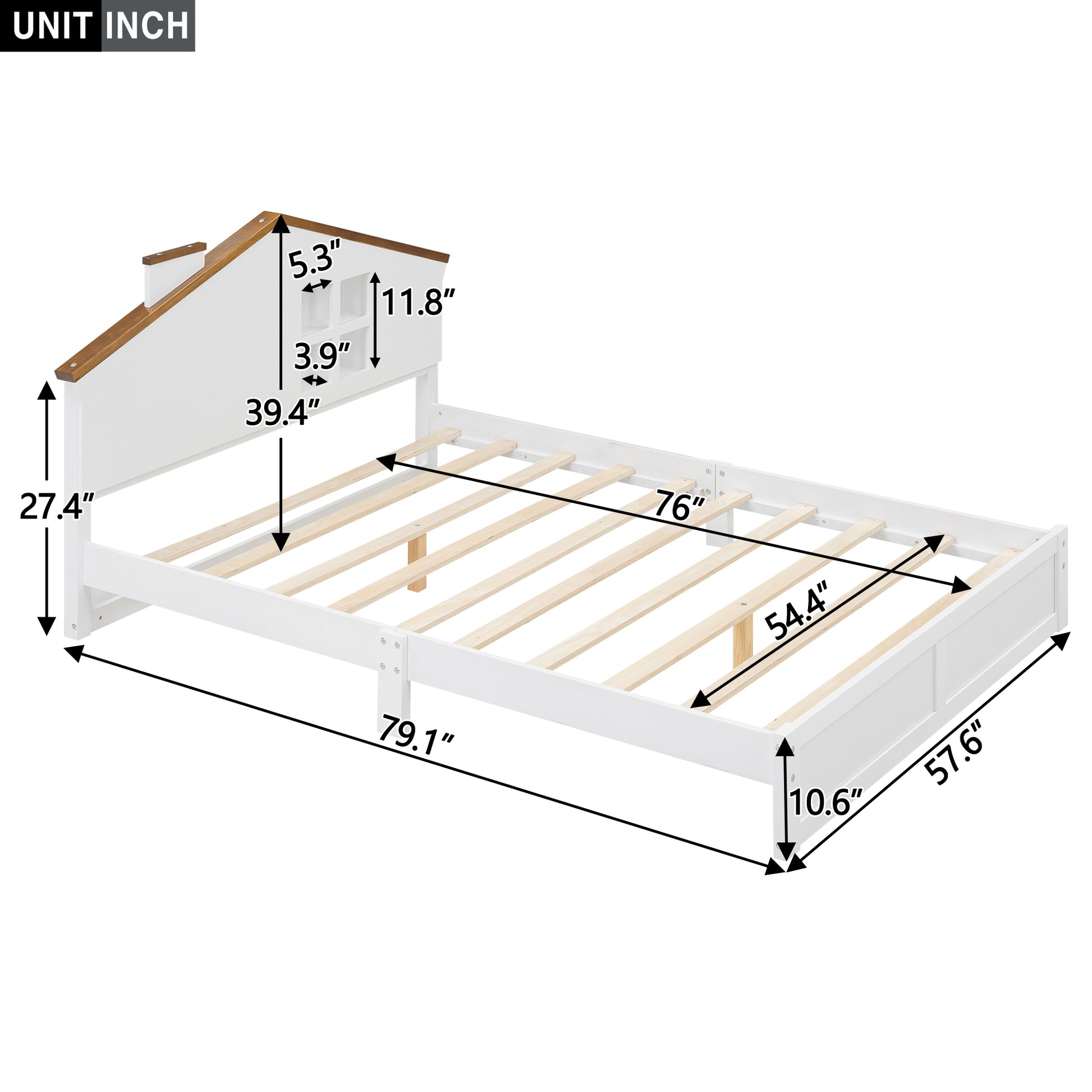 Full Size Wood Platform Bed With House Shaped Headboard And Built In Led, Walnut White Box Spring Not Required Full White Wood Bedroom Solid Wood Mdf