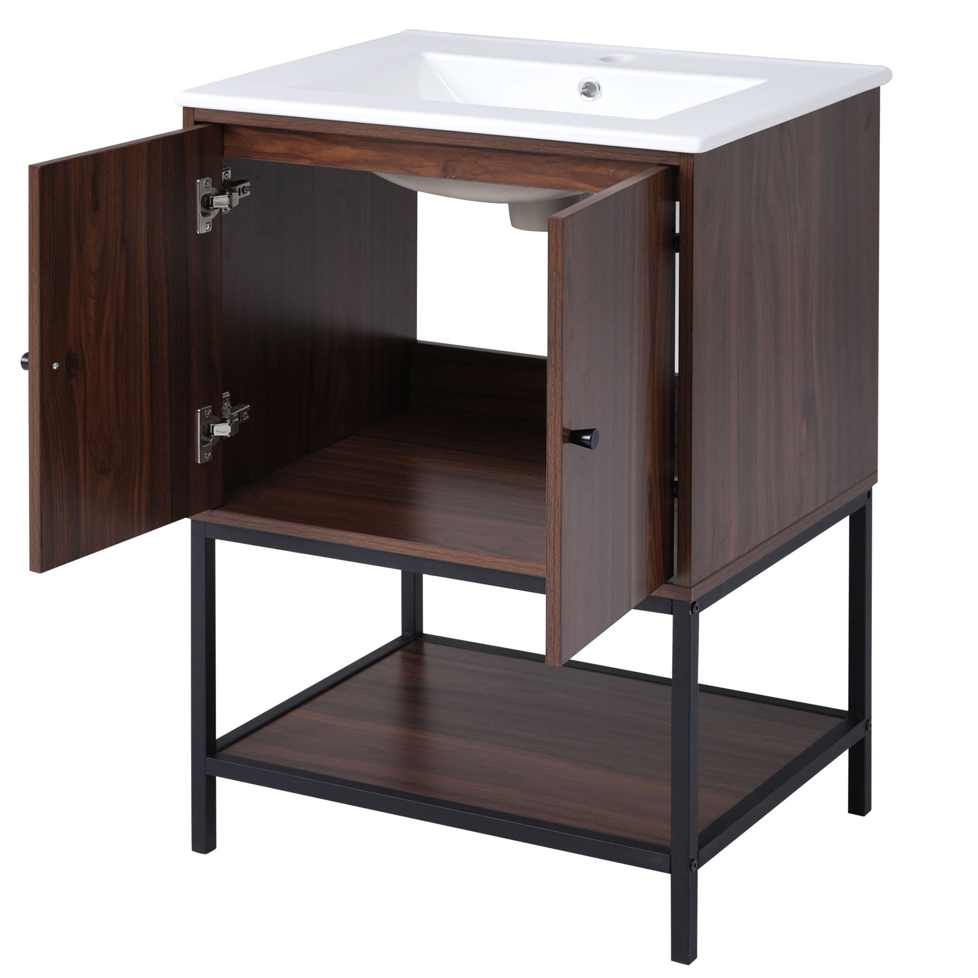 Viedo 24" Inch Walnut Finish Bathroom Vanity Cabinet With 2 Soft Close Doors, Open Storage Walnut Mdf Metal