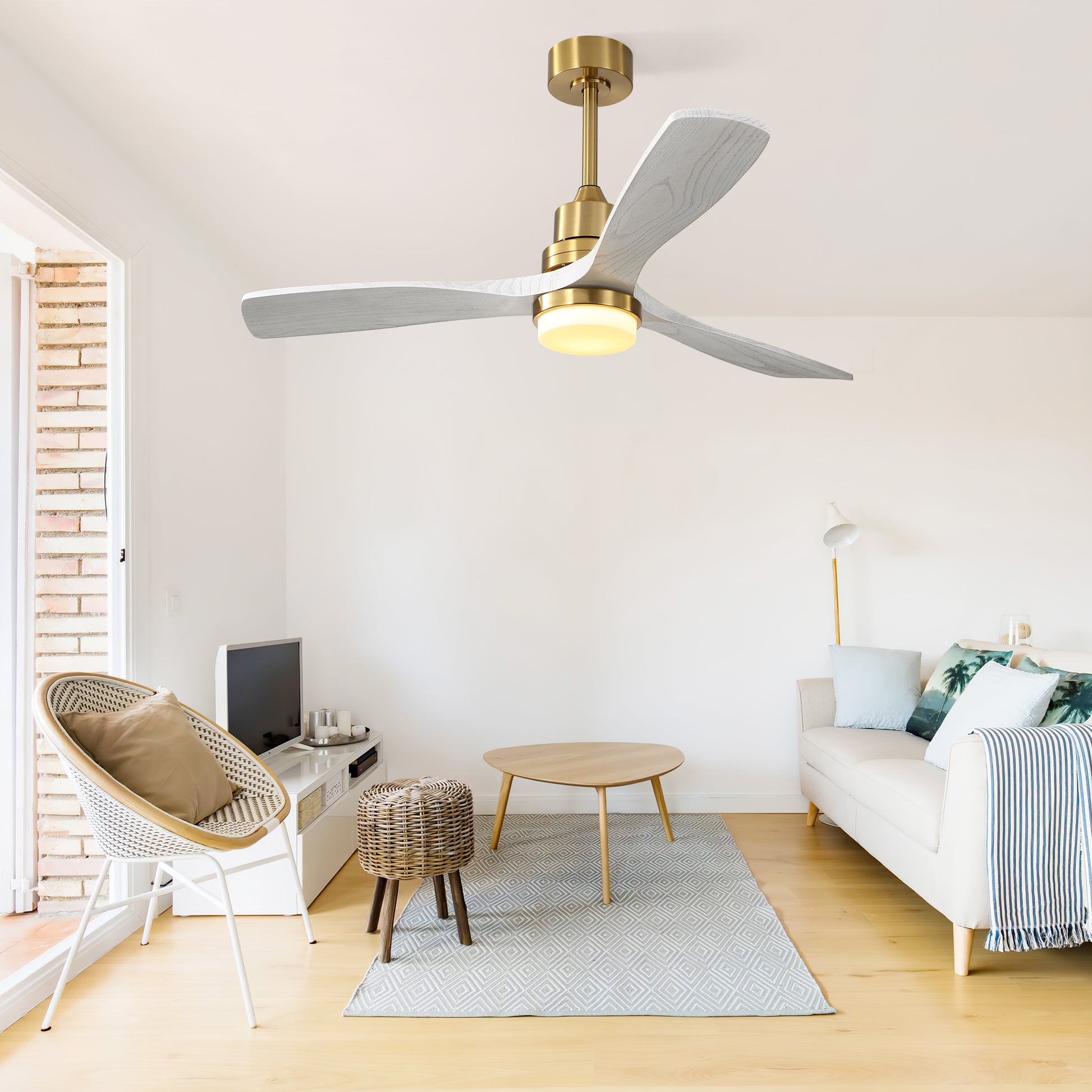 Indoor 52 Inch Ceiling Fan With Dimmable Led Light 6 Speed Remote Gold 3 Wood Blade Reversible Dc Motor For Living Room Gold Metal & Wood