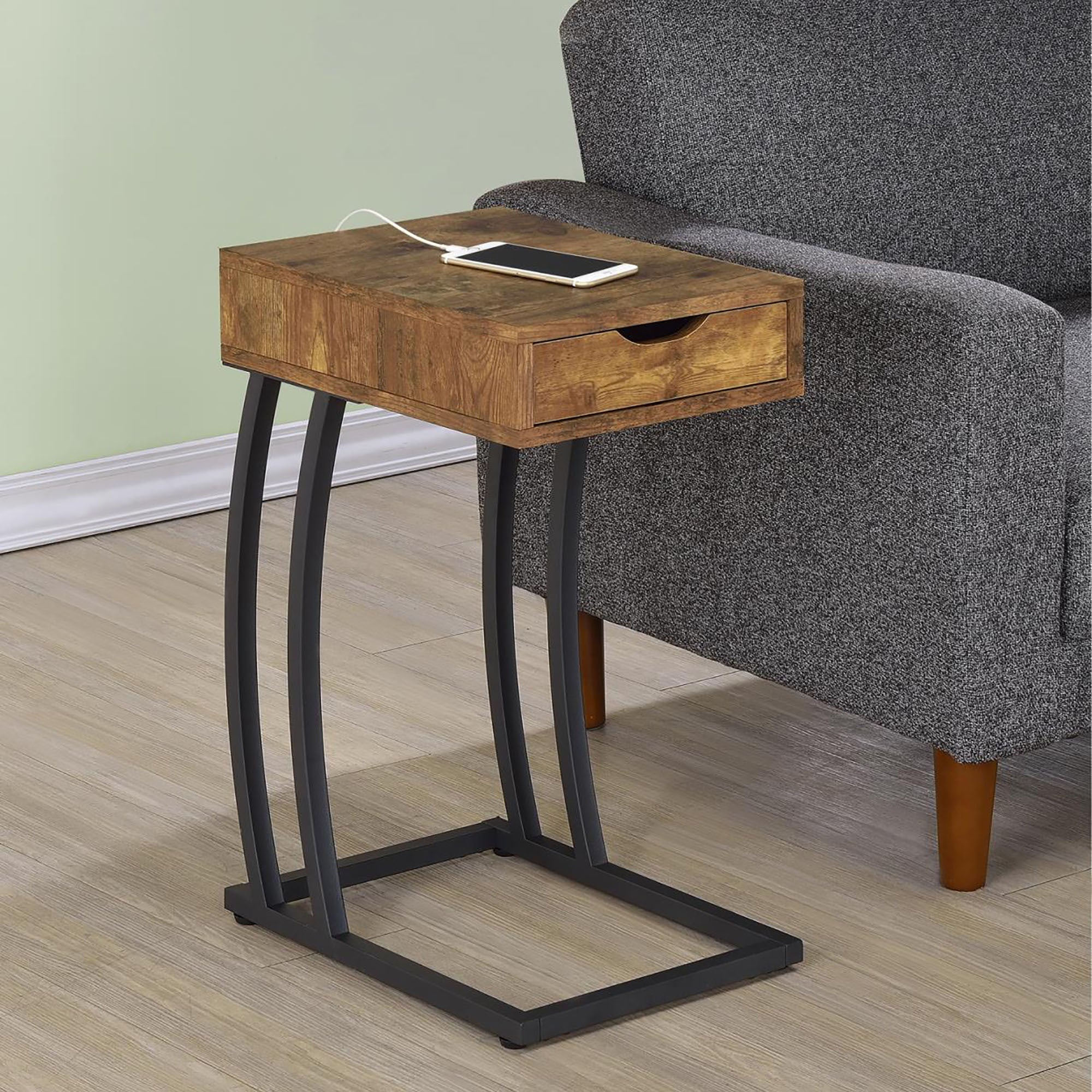 Antique Nutmeg And Gunmetal Hi Tech Accent Table Brown Built In Outlets Or Usb Primary Living Space Contemporary,Modern Rectangular Drawers Coffee & End Tables Wood