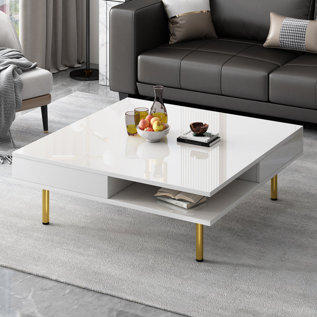 Exquisite High Gloss Coffee Table With 4 Golden Legs And 2 Small Drawers, 2 Tier Square Center Table For Living Room, White White Primary Living Space Particle Board