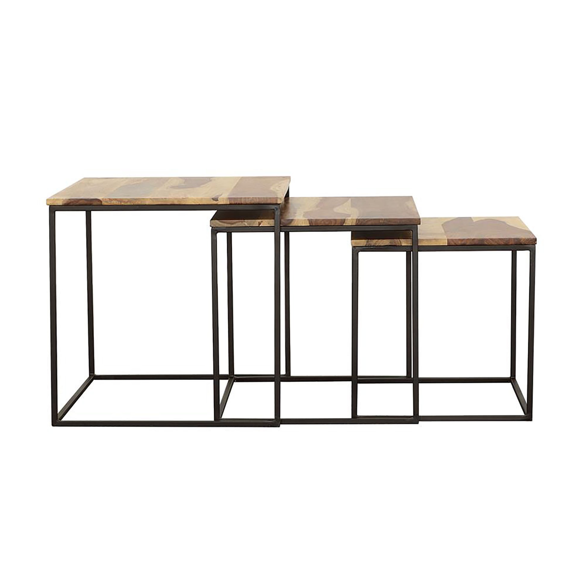 Natural And Black 3 Piece Nesting Table Brown Primary Living Space Farmhouse,Rustic Tabeltop Sheesham Square Coffee & End Tables Powder Coated Metal Parsons