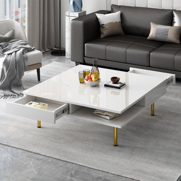 Exquisite High Gloss Coffee Table With 4 Golden Legs And 2 Small Drawers, 2 Tier Square Center Table For Living Room, White White Primary Living Space Particle Board