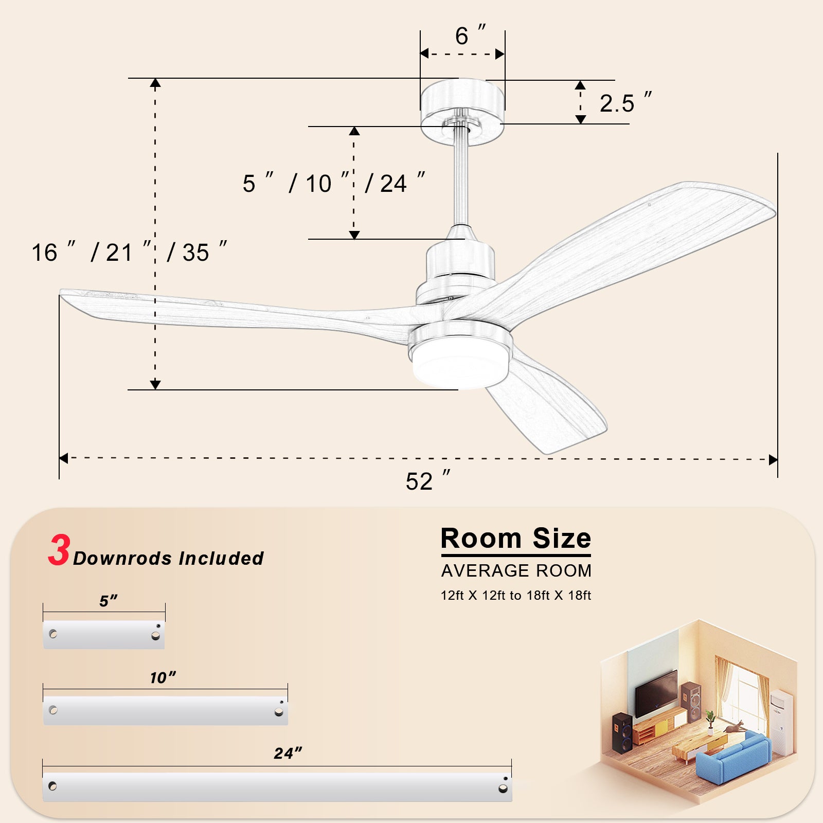 52 Inch Ceiling Fan With Dimmable Led Light 6 Speed Remote 3 Wood Blade Reversible Dc Motor For Bedroom White Metal & Wood