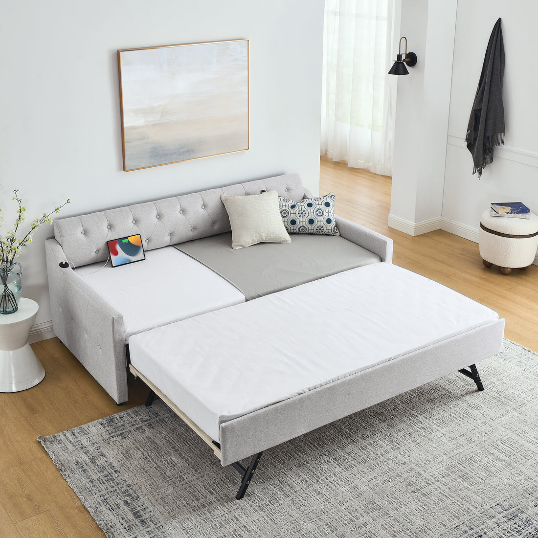 Twin Size Upholstery Daybed With Twin Size Erectable Trundle And Usb Charging Design, Linen Beige Twin Beige Linen