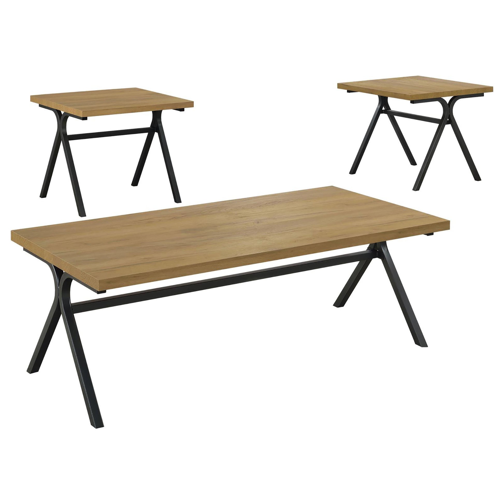 Golden Oak And Gunmetal 3 Piece Occasional Set Brown Primary Living Space Industrial Rectangular Coffee & End Tables Powder Coated Wood Trestle