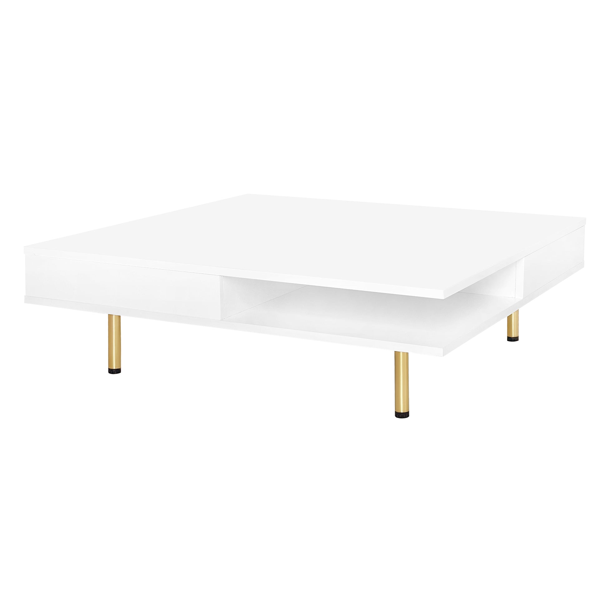 Exquisite High Gloss Coffee Table With 4 Golden Legs And 2 Small Drawers, 2 Tier Square Center Table For Living Room, White White Primary Living Space Particle Board