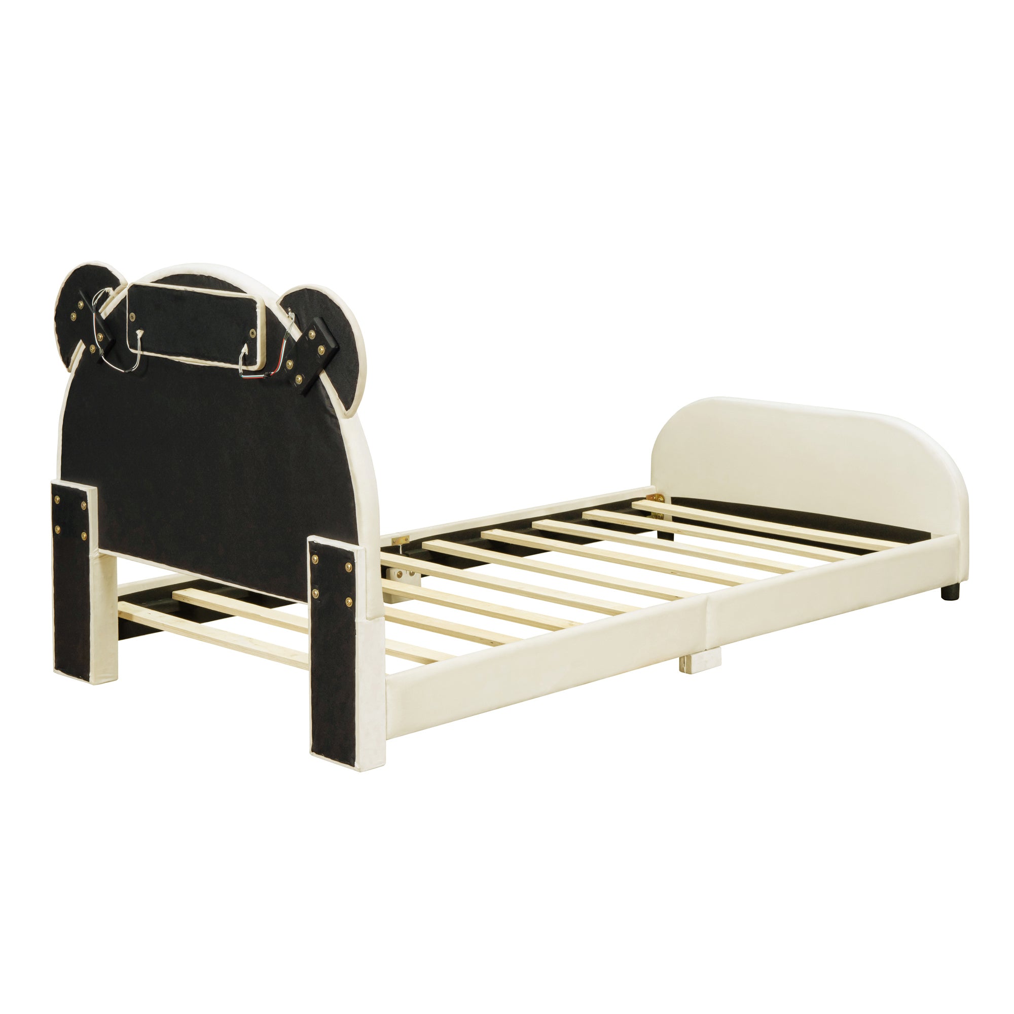 Twin Size Upholstered Platform Bed with Bear Shaped beige-velvet