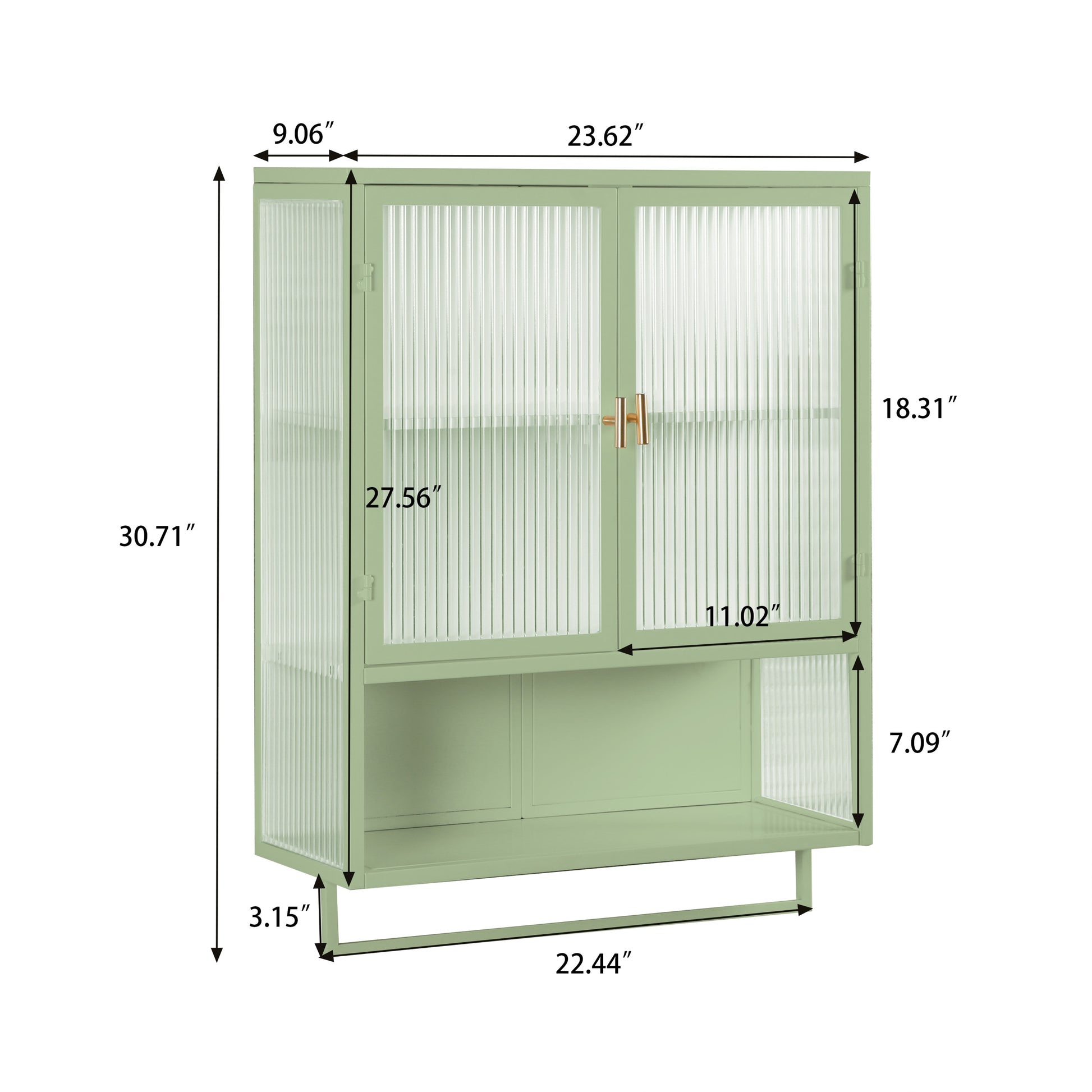 23.62"Glass Doors Modern Two Door Wall Cabinet With Featuring Two Tier Enclosed Storage, An Open Shelf, And Towel Rack, For Entryway Living Room Bathroom Dining Room,Green Green Glass Metal