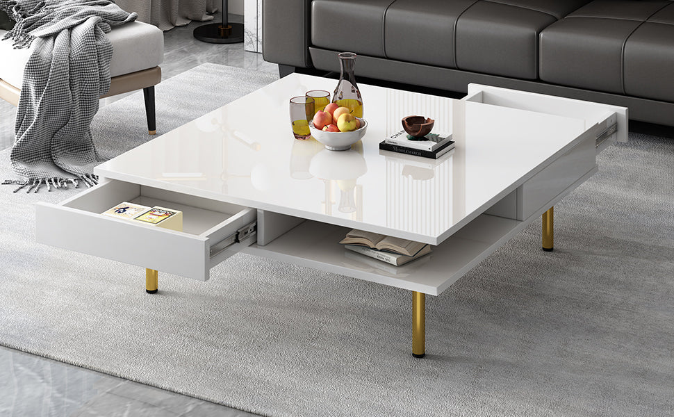 Exquisite High Gloss Coffee Table With 4 Golden Legs And 2 Small Drawers, 2 Tier Square Center Table For Living Room, White White Primary Living Space Particle Board