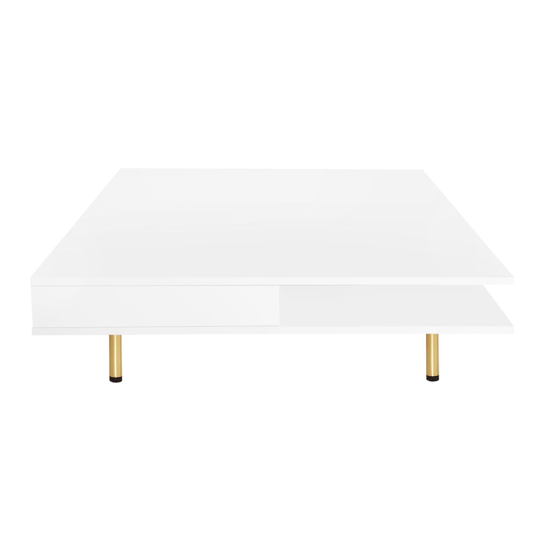 Exquisite High Gloss Coffee Table With 4 Golden Legs And 2 Small Drawers, 2 Tier Square Center Table For Living Room, White White Primary Living Space Particle Board