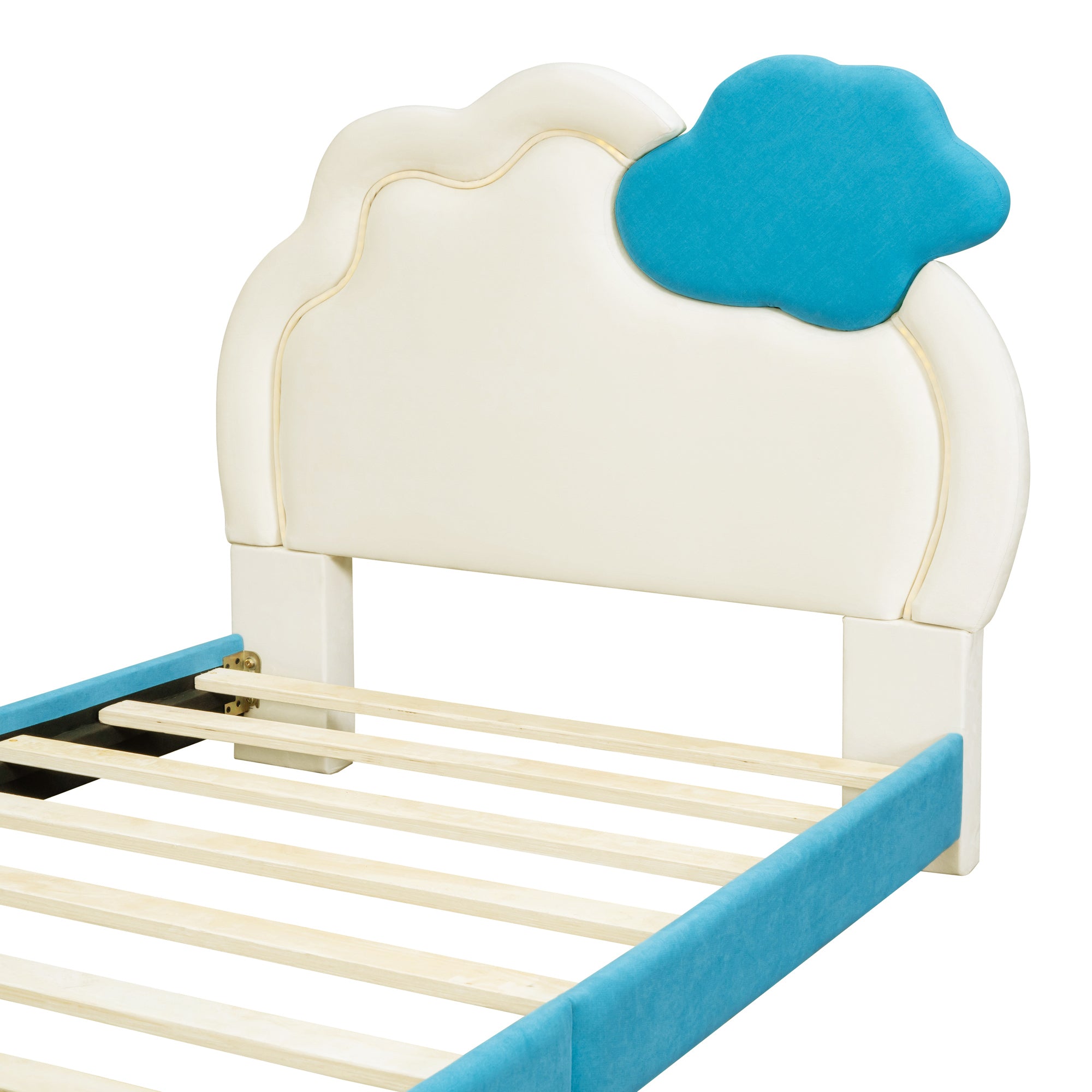 Twin Size Upholstered Platform Bed with Cloud Shaped blue-velvet