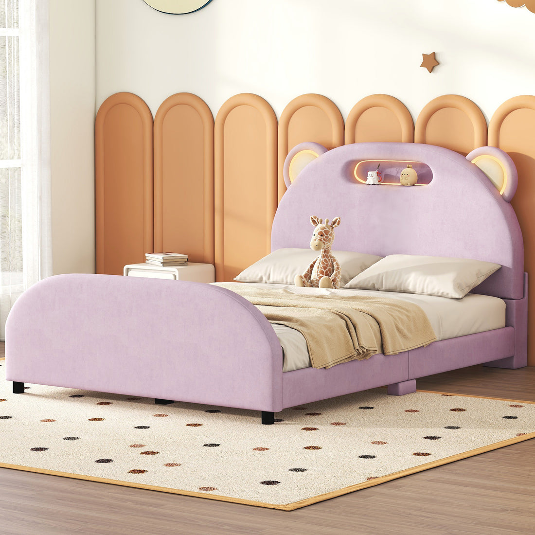 Full Size Upholstered Platform Bed With Bear Shaped Headboard And Embedded Light Stripe, Velvet, Pink Pink Velvet