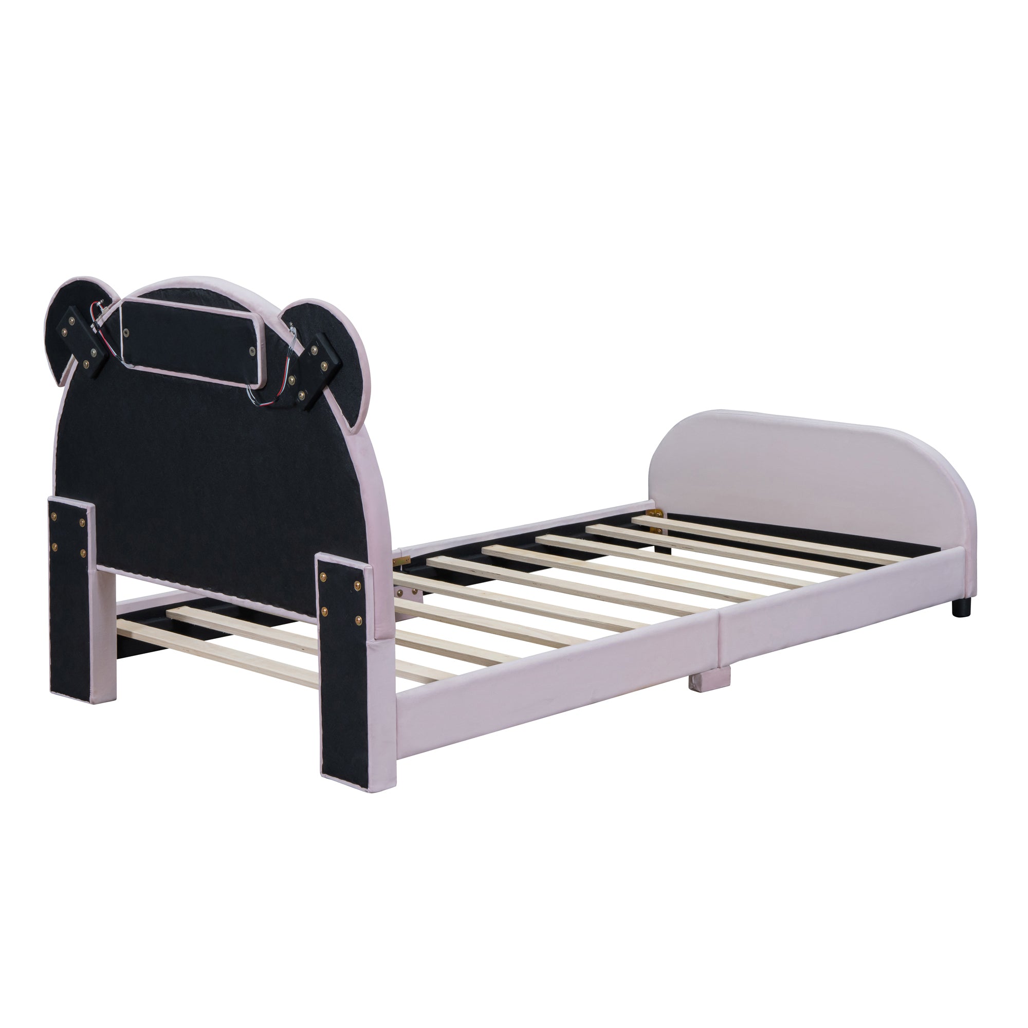 Twin Size Upholstered Platform Bed with Bear Shaped pink-velvet