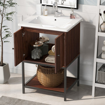 Viedo 24" Inch Walnut Finish Bathroom Vanity Cabinet With 2 Soft Close Doors, Open Storage Walnut Mdf Metal