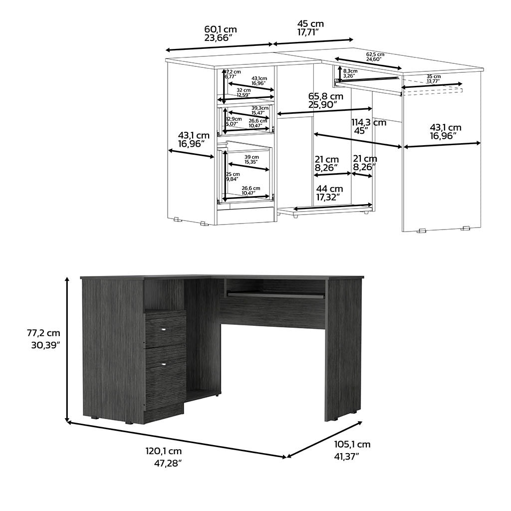 Idra L Shaped Desk, Keyboard Tray, Two Drawers, One Open Shelf, Smokey Oak Gray Particle Board Particle Board