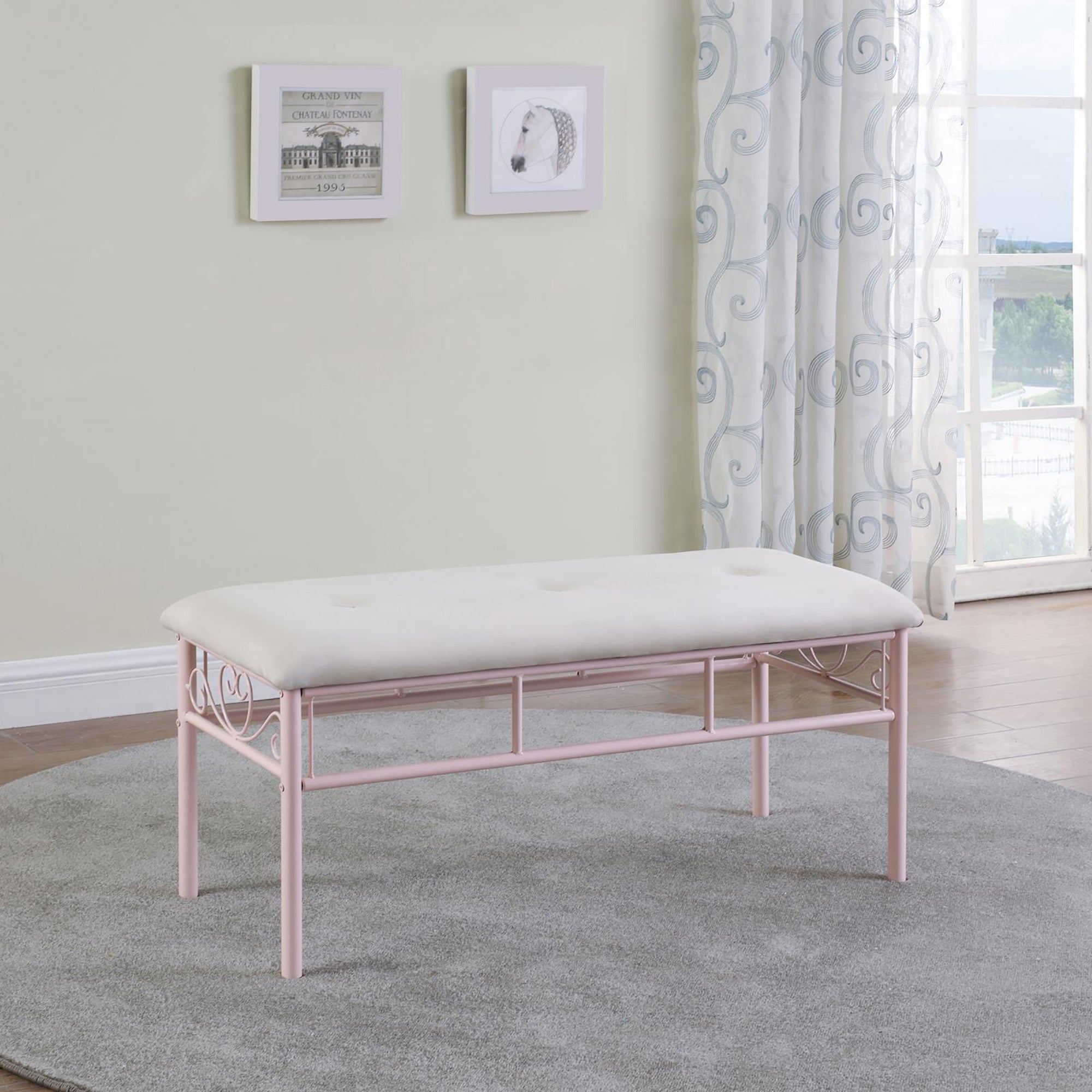 Powder Pink Bench Pink Microfiber Or Microsuede Bedroom White Traditional Metal