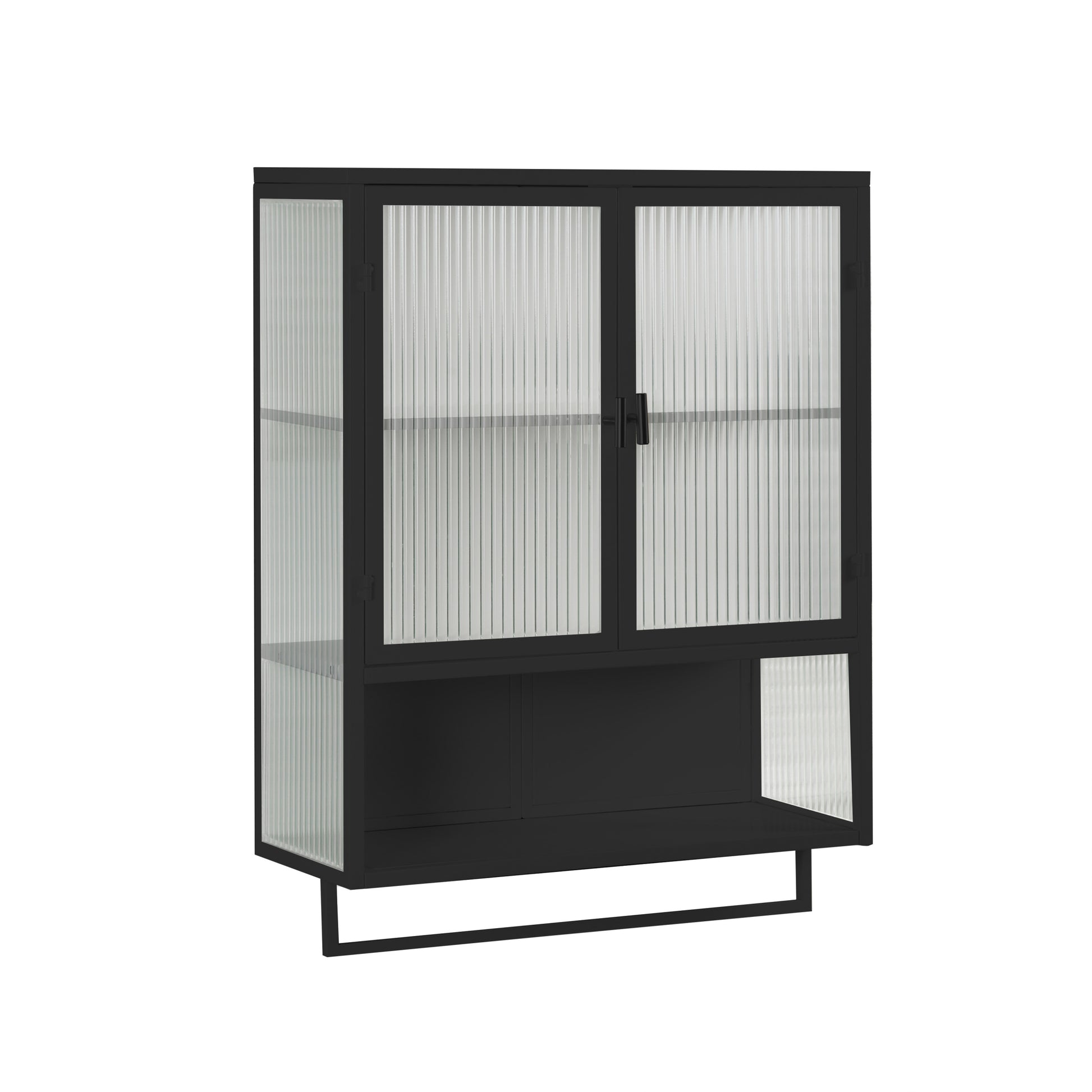 23.62"Glass Doors Modern Two Door Wall Cabinet With Featuring Two Tier Enclosed Storage, An Open Shelf, And Towel Rack, For Entryway Living Room Bathroom Dining Room,Black Black Glass Metal