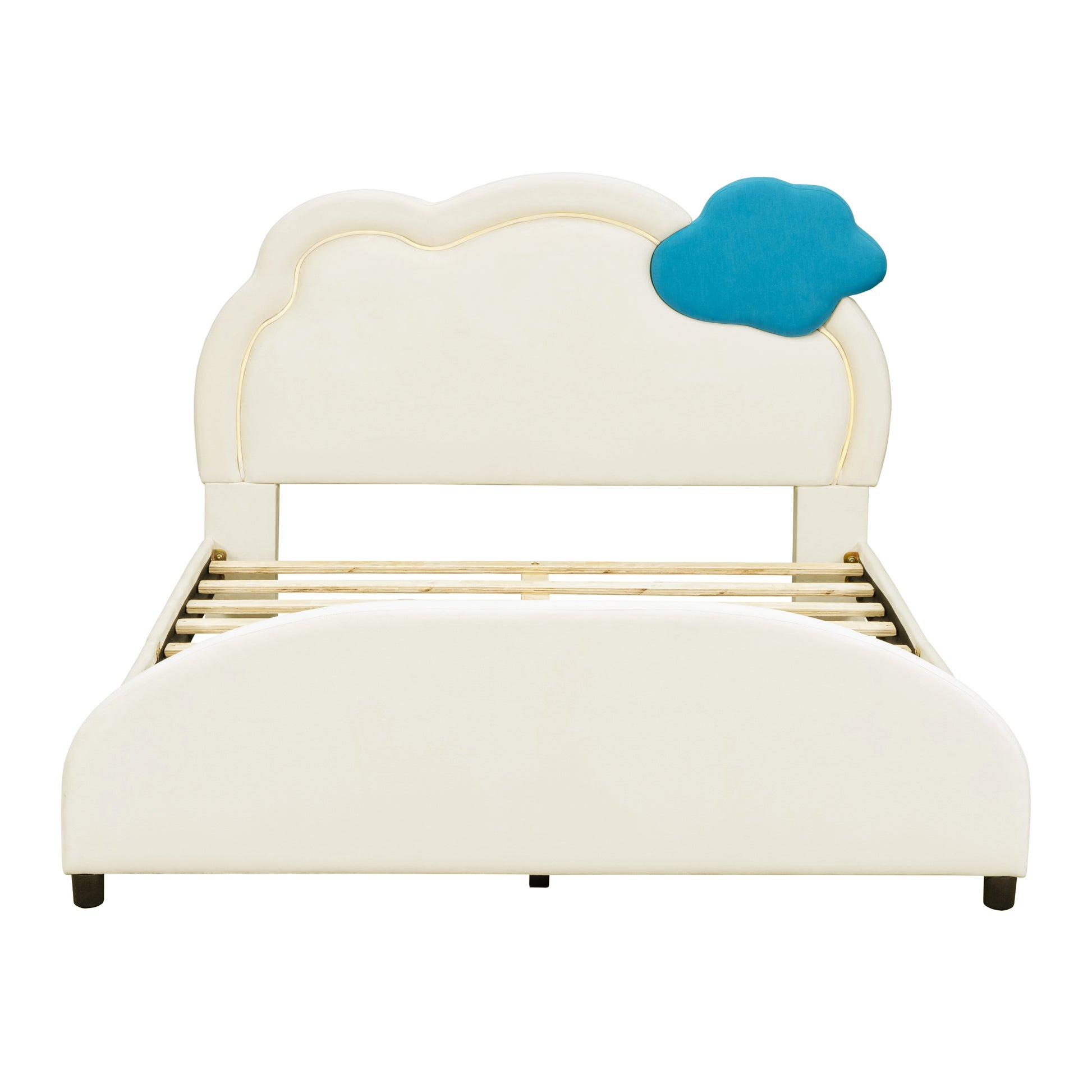 Full Size Upholstered Platform Bed With Cloud Shaped Headboard And Embedded Light Stripe, Velvet, Beige Beige Velvet