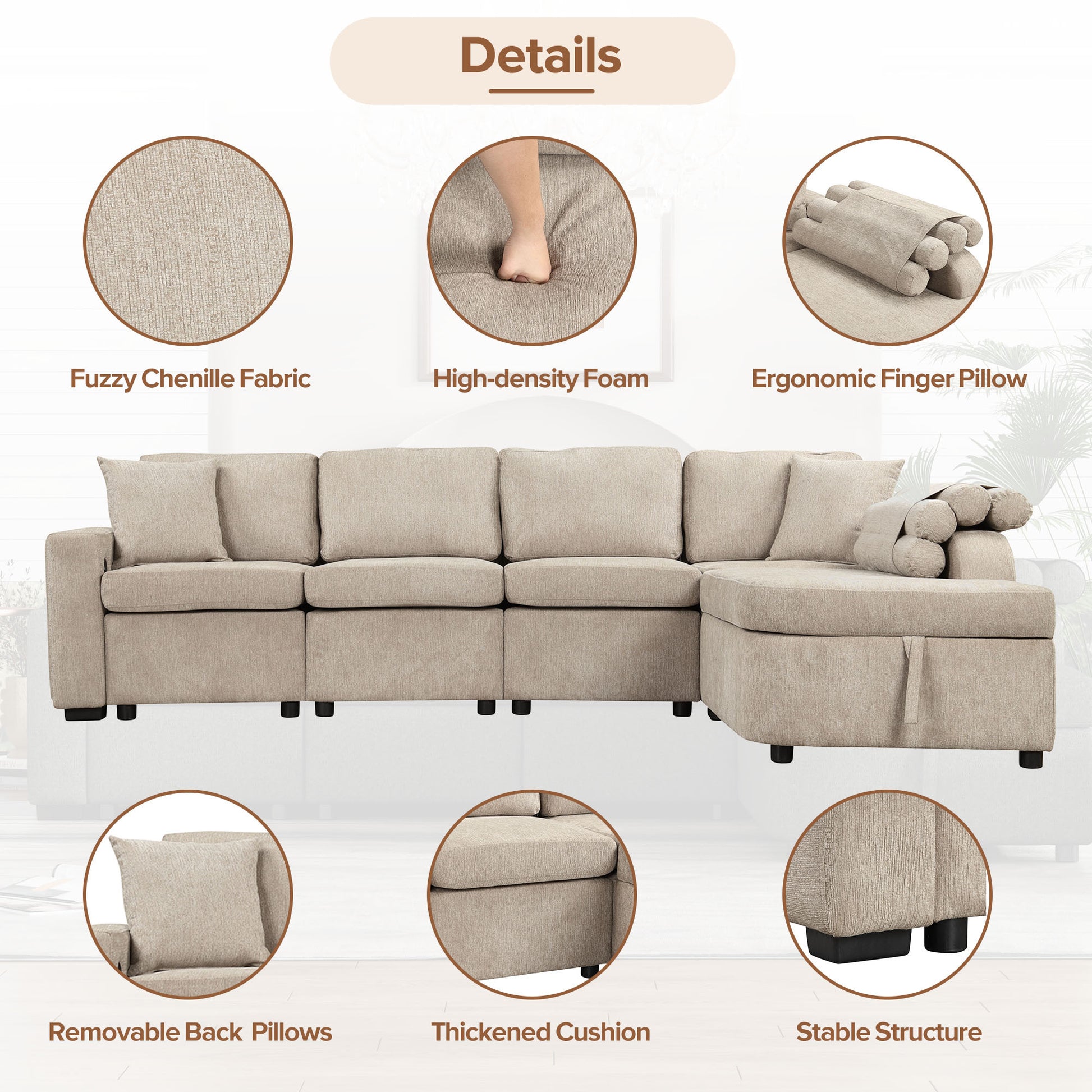 109.8"L Shaped Couch Sectional Sofa With Storage Chaise,Cup Holder And Usb Ports For Living Room, Beige Beige Foam Chenille 4 Seat