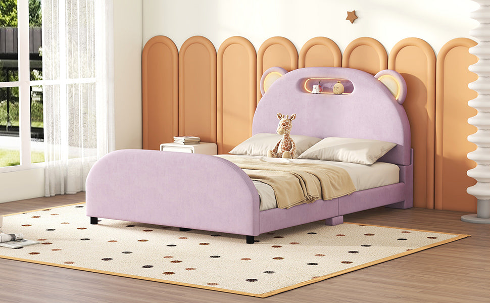 Full Size Upholstered Platform Bed With Bear Shaped Headboard And Embedded Light Stripe, Velvet, Pink Pink Velvet