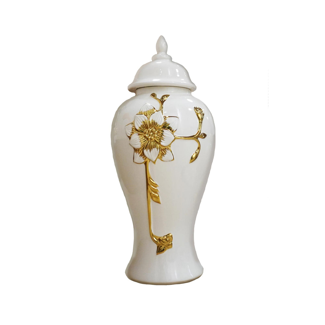 Ginger Jar With Steam Gold Flower White Ceramic