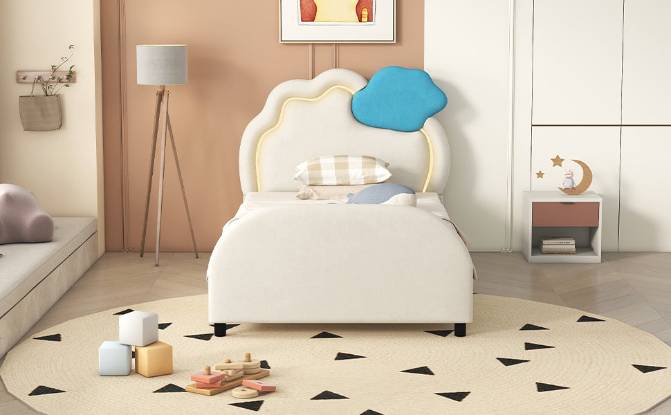 Twin Size Upholstered Platform Bed With Cloud Shaped Headboard And Embedded Light Stripe, Velvet, Beige Beige Velvet