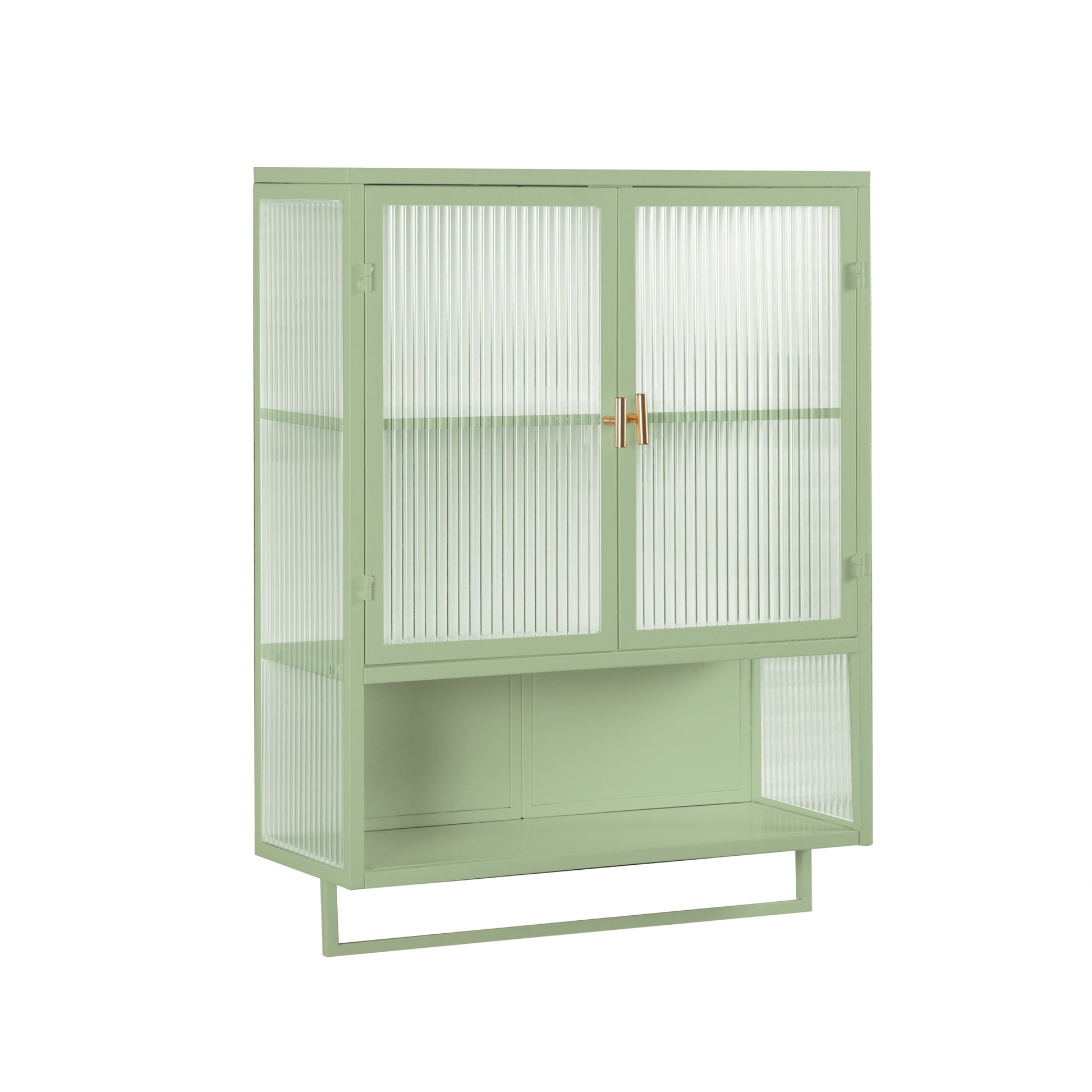 23.62"Glass Doors Modern Two Door Wall Cabinet With Featuring Two Tier Enclosed Storage, An Open Shelf, And Towel Rack, For Entryway Living Room Bathroom Dining Room,Green Green Glass Metal