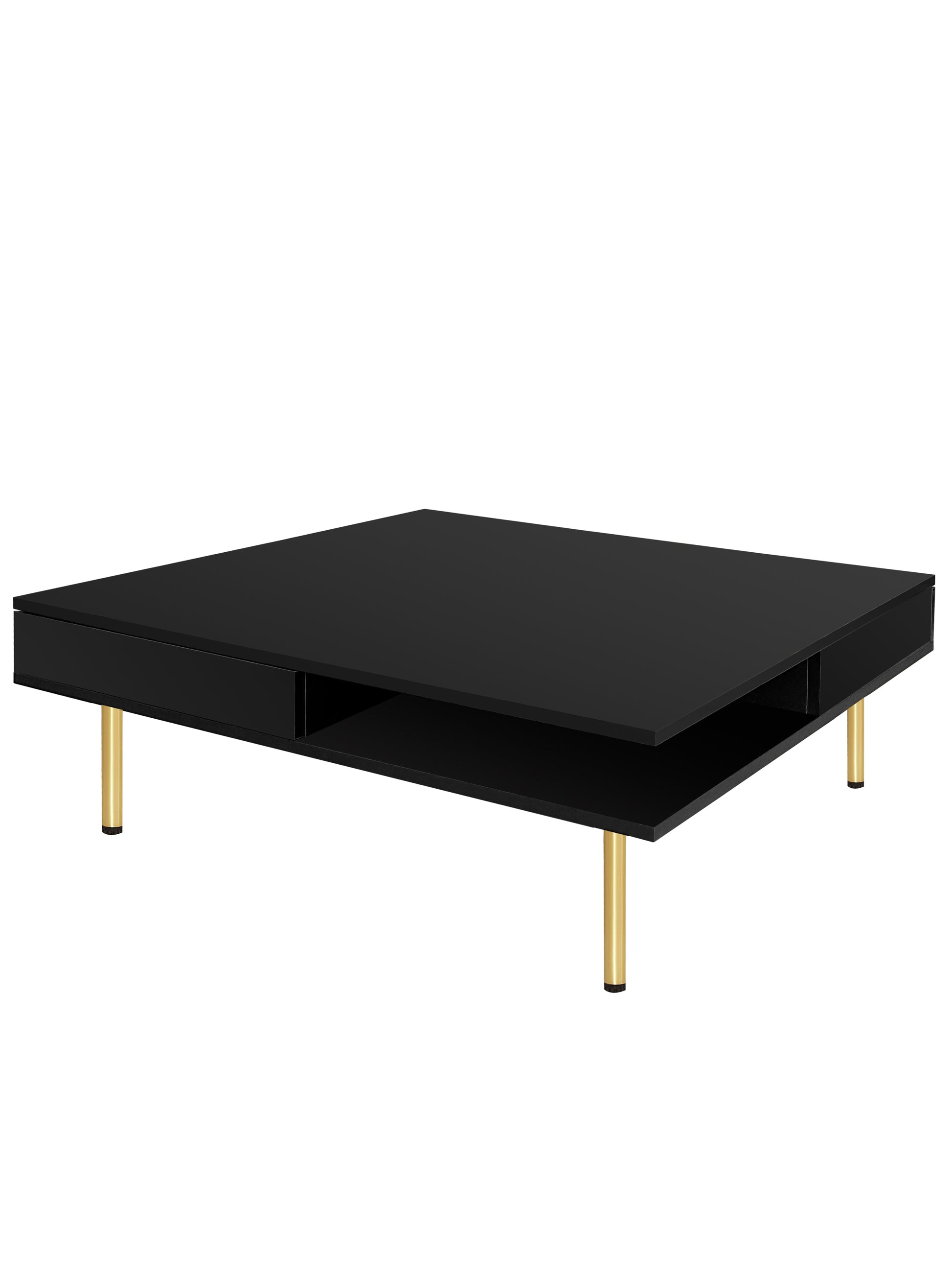 Exquisite High Gloss Coffee Table With 4 Golden Legs And 2 Small Drawers, 2 Tier Square Center Table For Living Room, Black Black Primary Living Space Particle Board