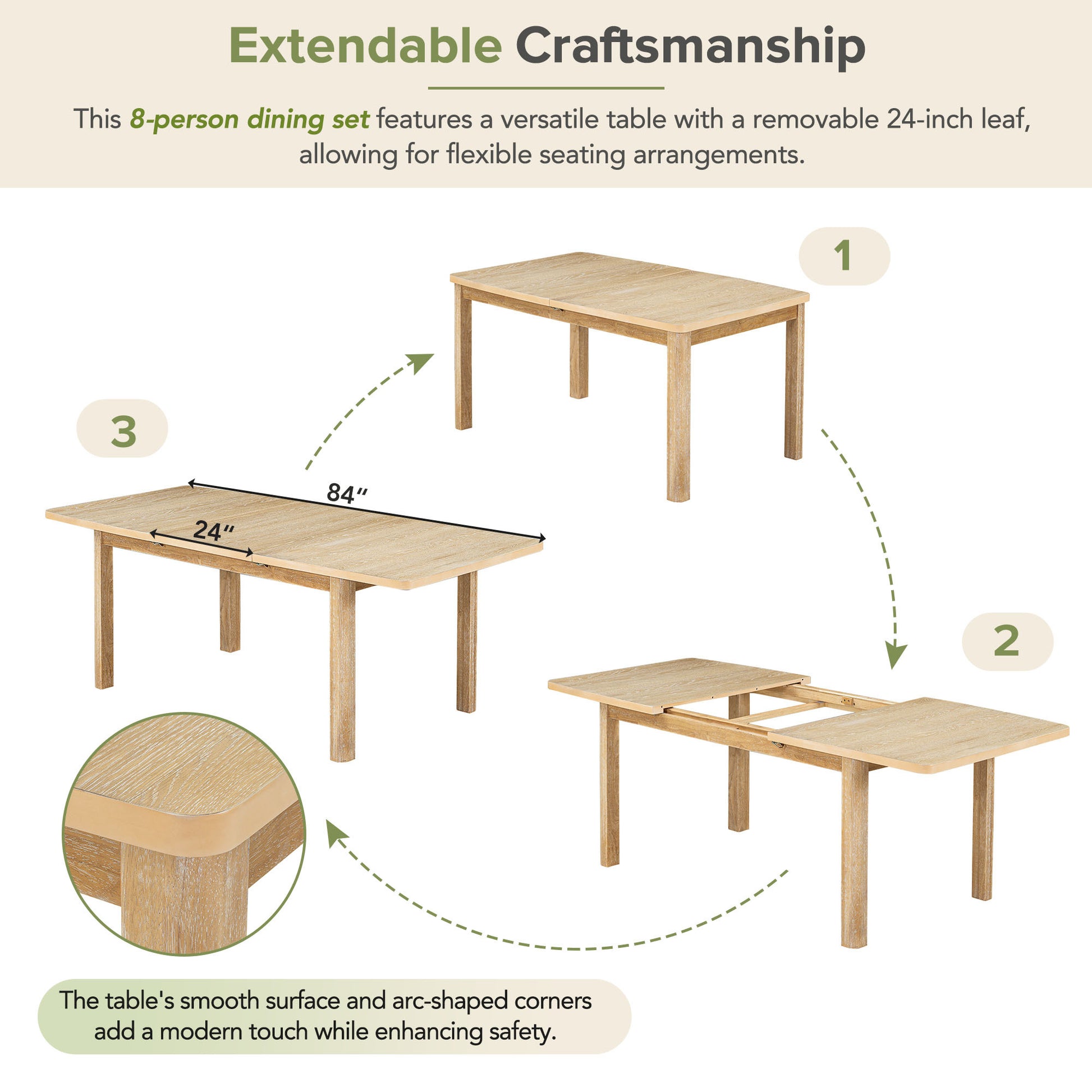Rustic Extendable 84Inch Dining Table Set With 24Inch Removable Leaf6 Upholstered Armless Dining Chairs And 2 Padded Arm Chairs, 9 Pieces, Natural Wood Dining Room Extendable Rubberwood Rectangular Dining Table With Chair Upholstered Chair Wood Natural