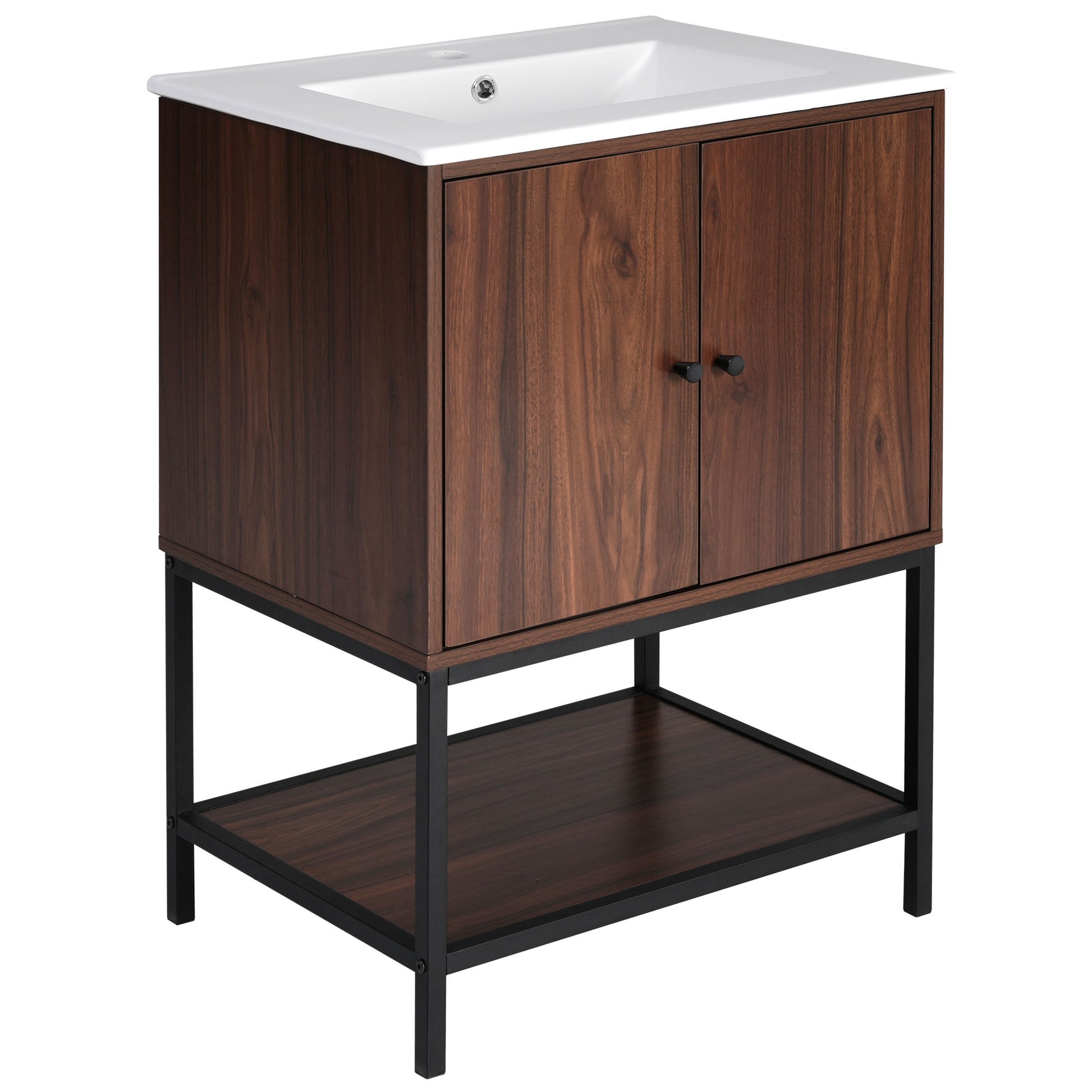 Viedo 24" Inch Walnut Finish Bathroom Vanity Cabinet With 2 Soft Close Doors, Open Storage Walnut Mdf Metal