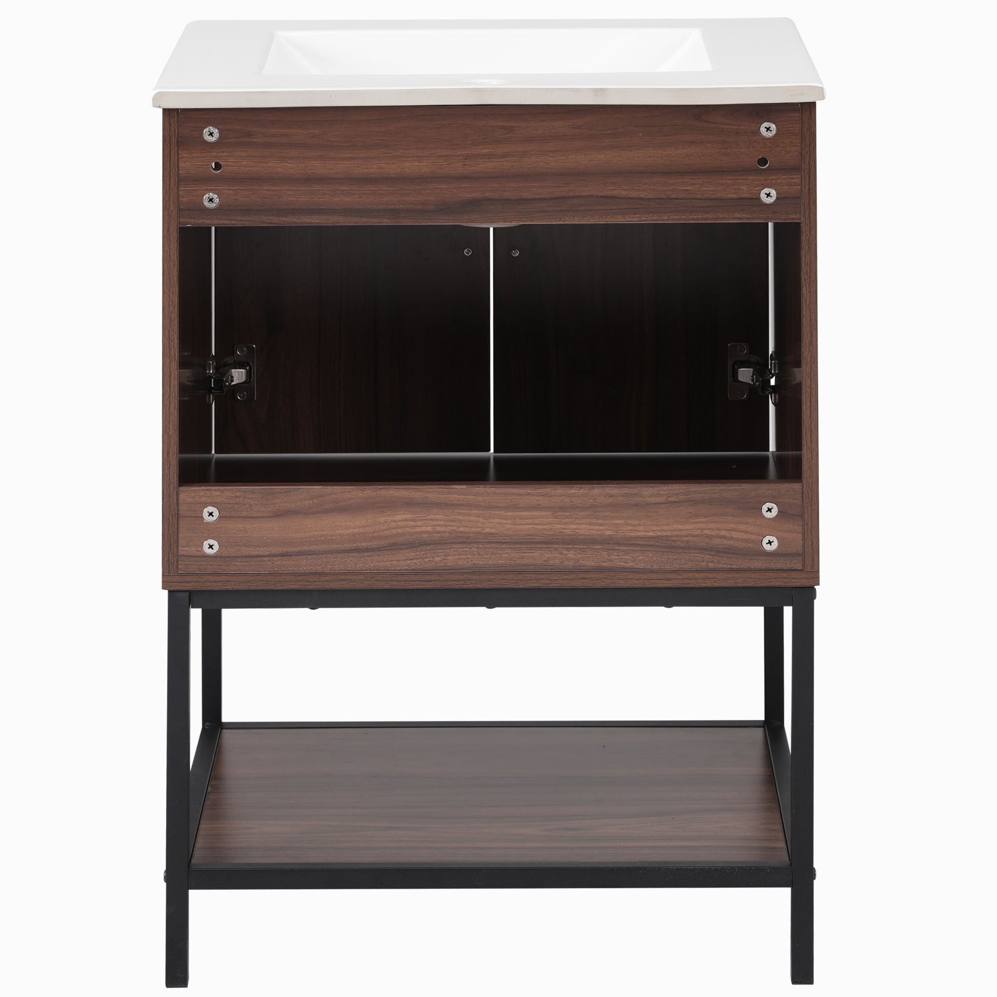 Viedo 24" Inch Walnut Finish Bathroom Vanity Cabinet With 2 Soft Close Doors, Open Storage Walnut Mdf Metal