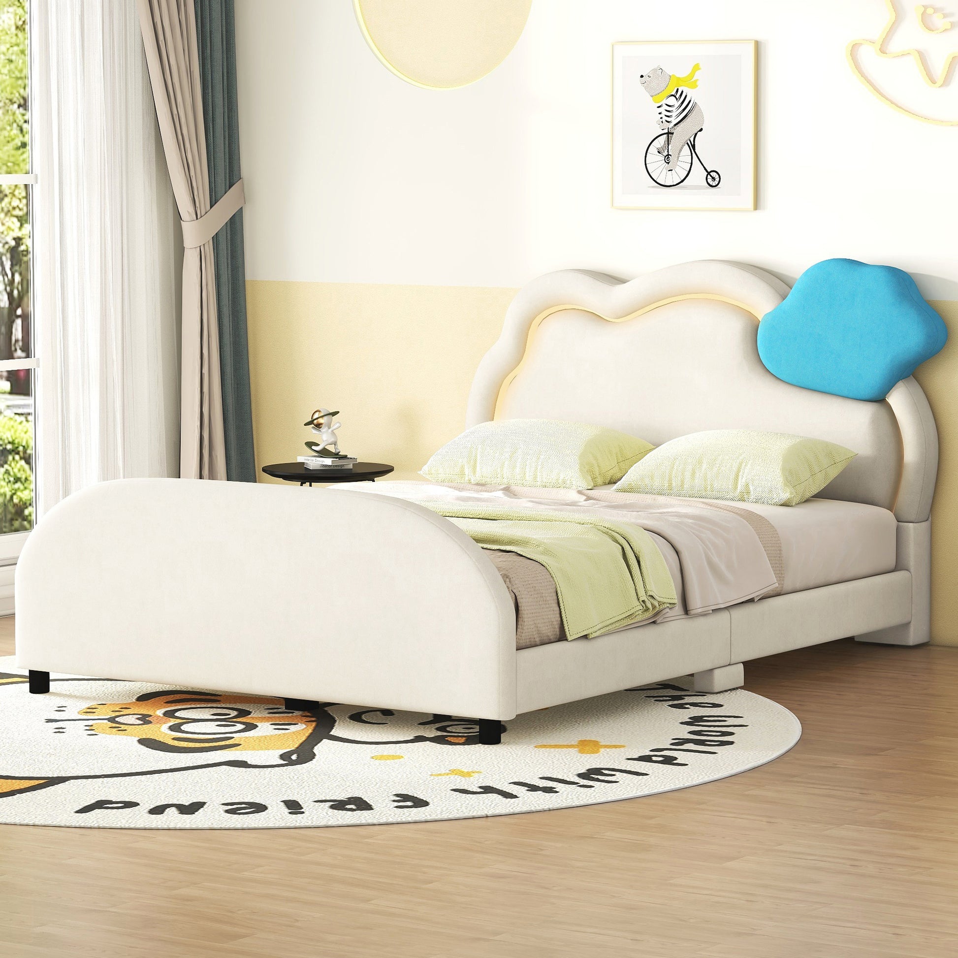 Full Size Upholstered Platform Bed With Cloud Shaped Headboard And Embedded Light Stripe, Velvet, Beige Beige Velvet