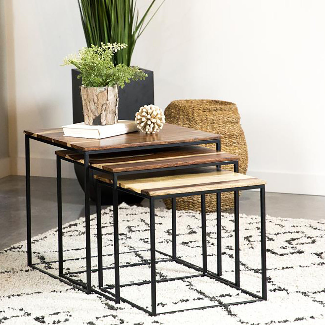 Natural And Black 3 Piece Nesting Table Brown Primary Living Space Farmhouse,Rustic Tabeltop Sheesham Square Coffee & End Tables Powder Coated Metal Parsons
