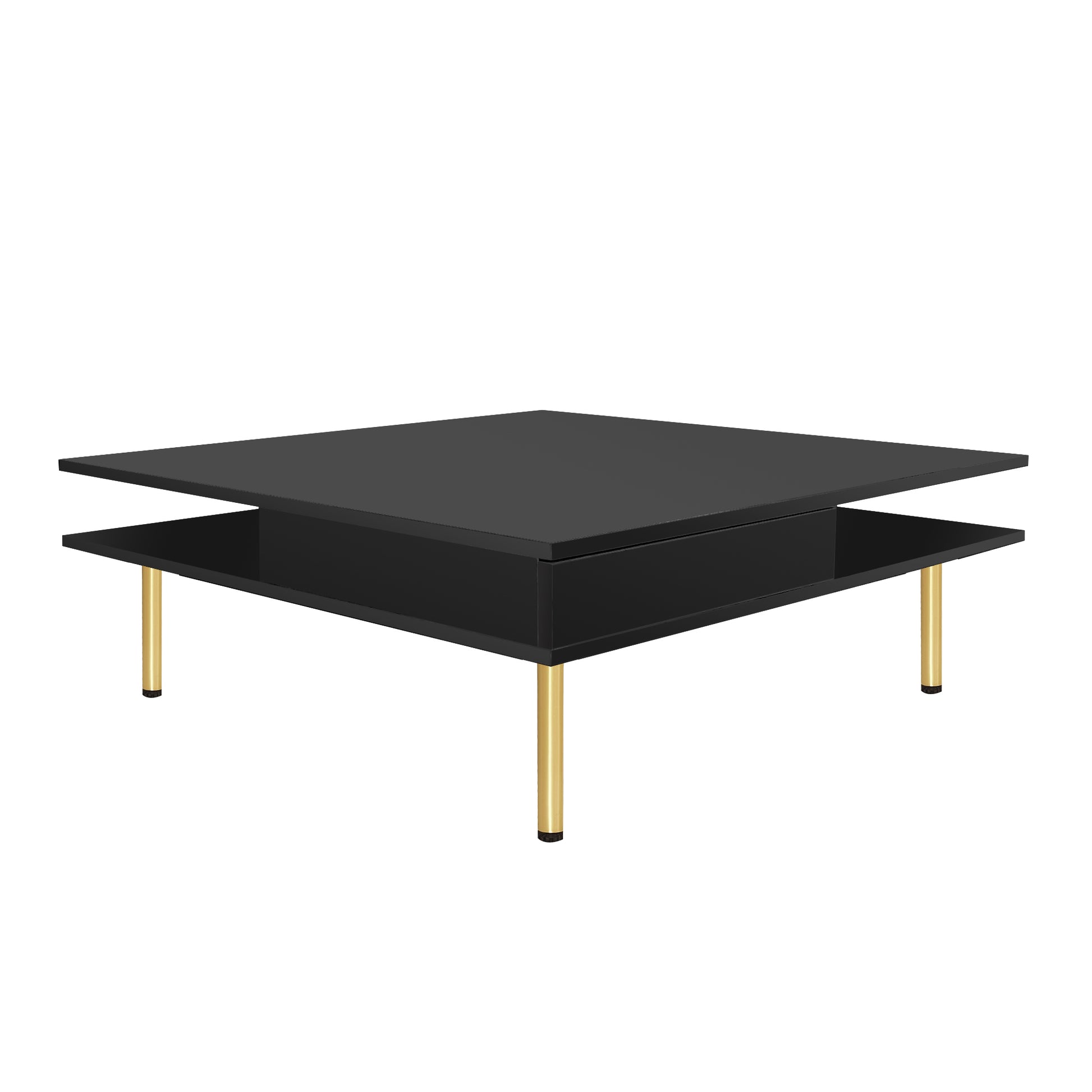 Exquisite High Gloss Coffee Table With 4 Golden Legs And 2 Small Drawers, 2 Tier Square Center Table For Living Room, Black Black Primary Living Space Particle Board