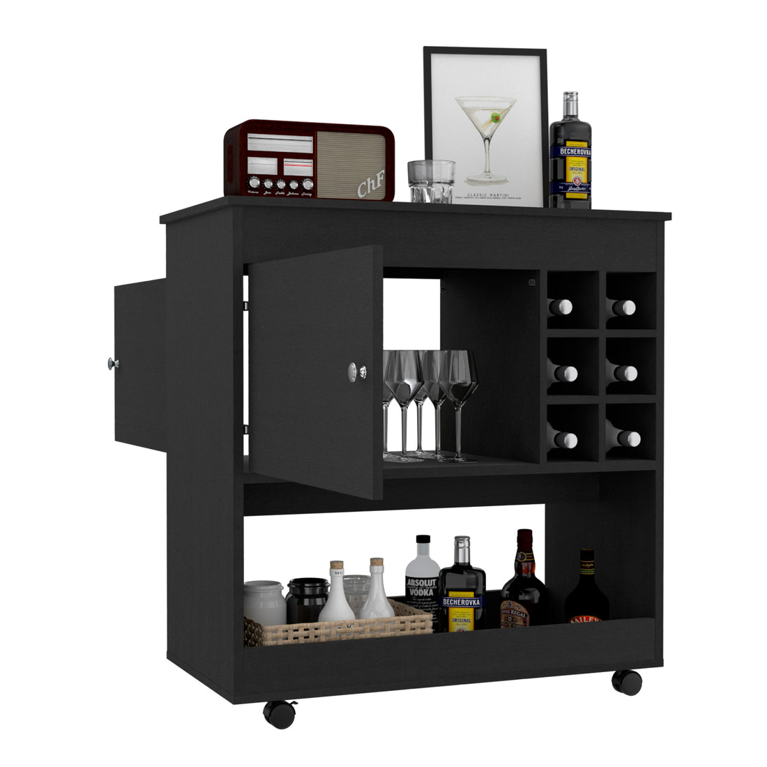 37" H Light Black Bar Coffee Cart, Kitchen Or