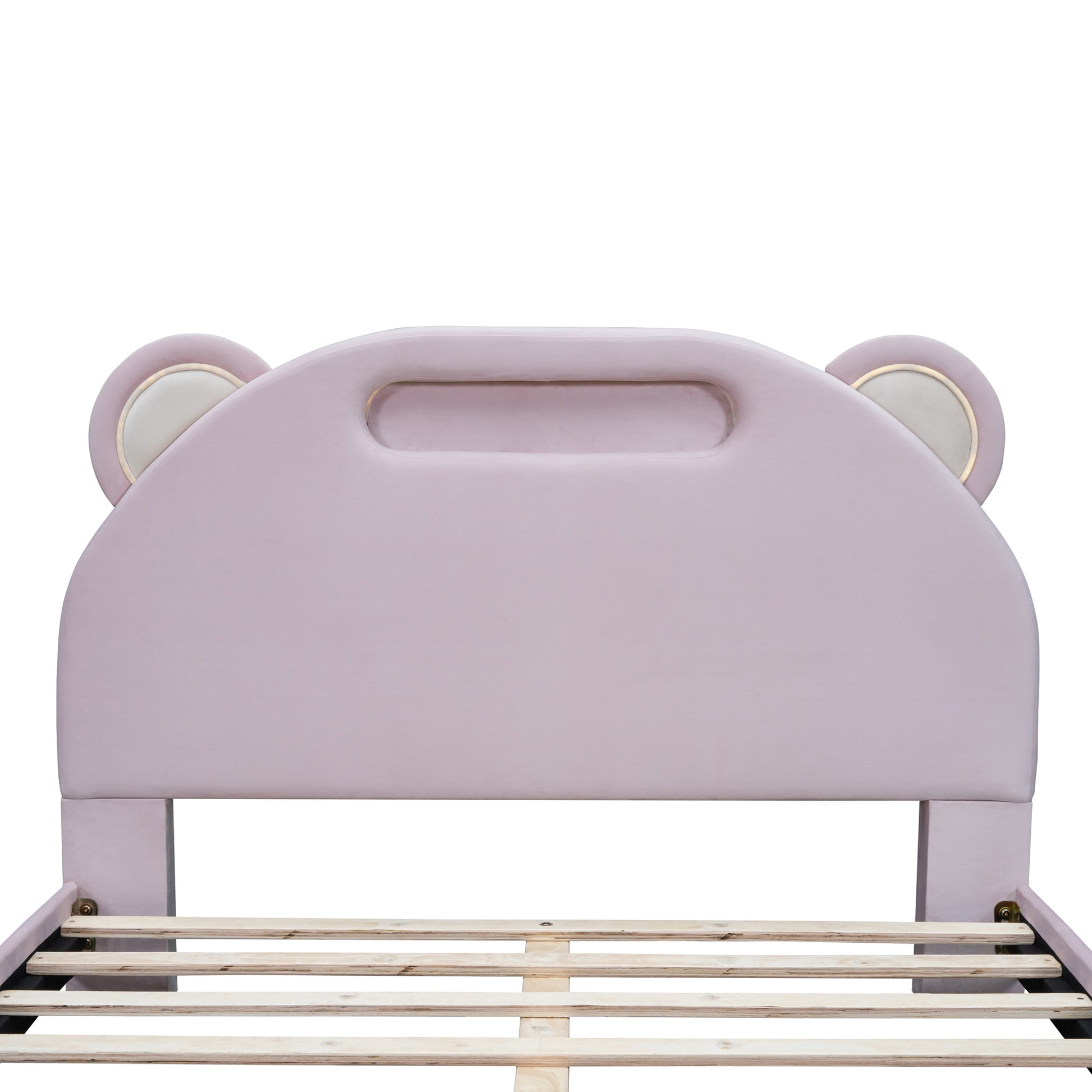 Full Size Upholstered Platform Bed With Bear Shaped Headboard And Embedded Light Stripe, Velvet, Pink Pink Velvet