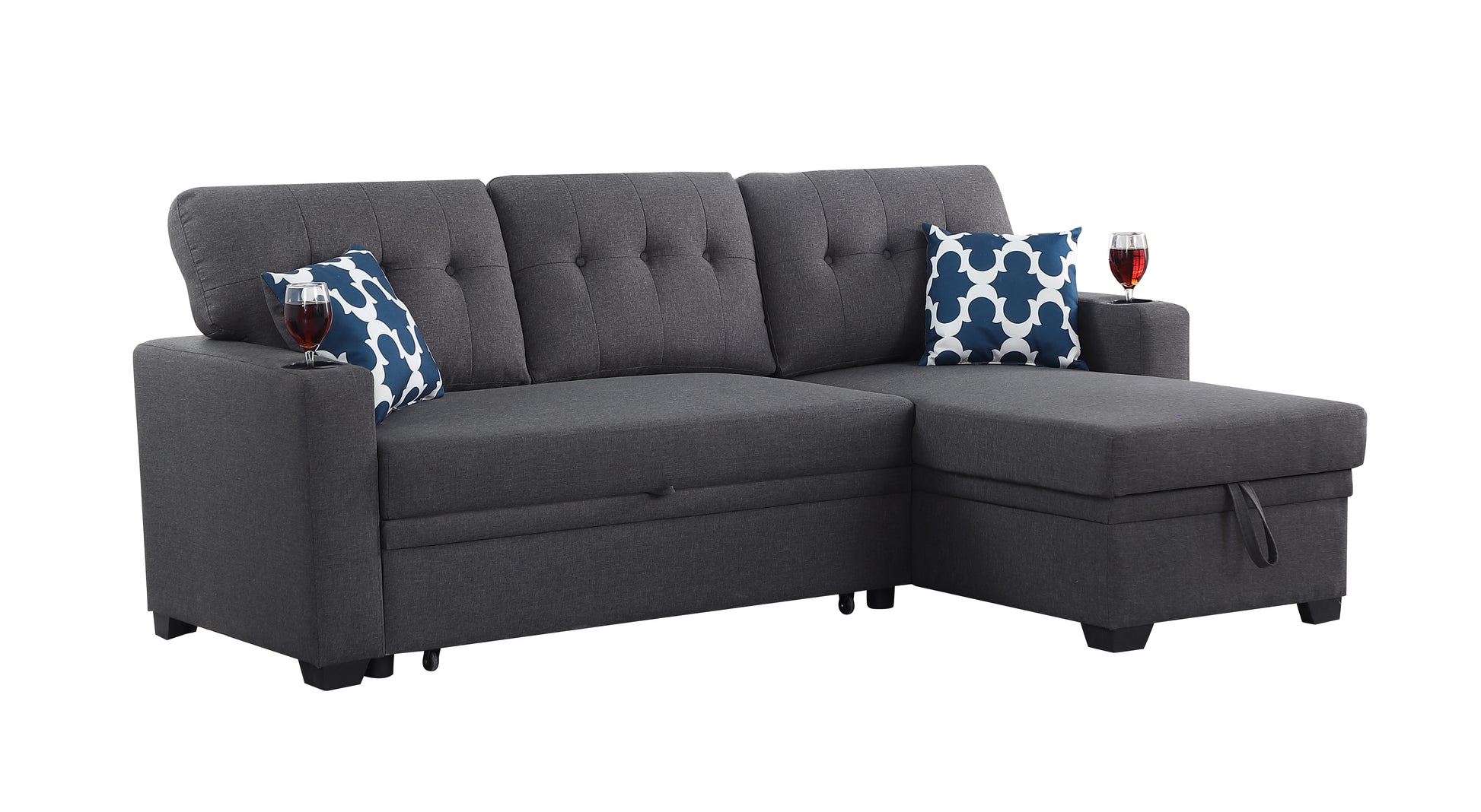 82" Width Sectional With Storage Chaise And Cupholder Armrest Dark Gray Foam Linen