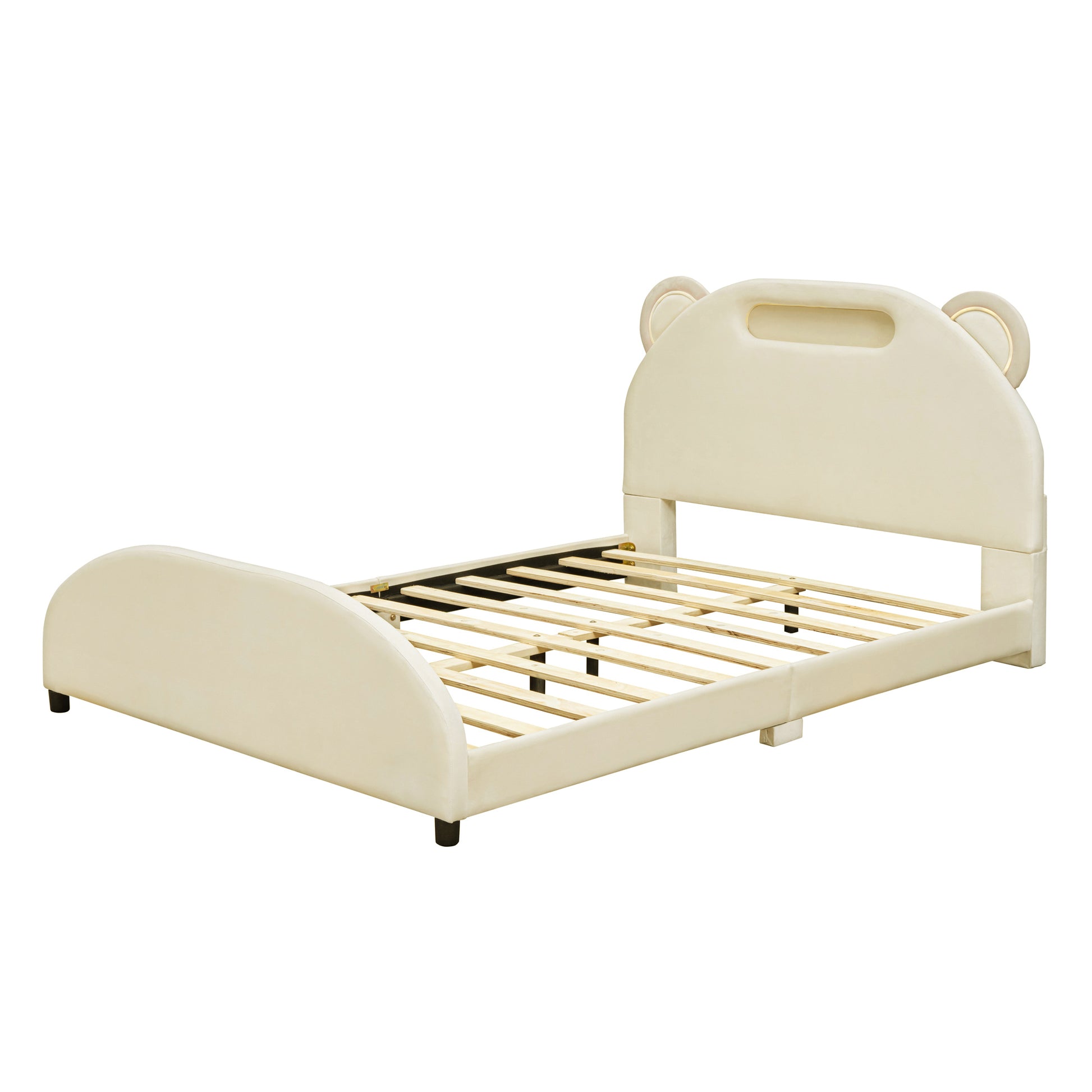 Full Size Upholstered Platform Bed With Bear Shaped Headboard And Embedded Light Stripe, Velvet, Beige Beige Velvet