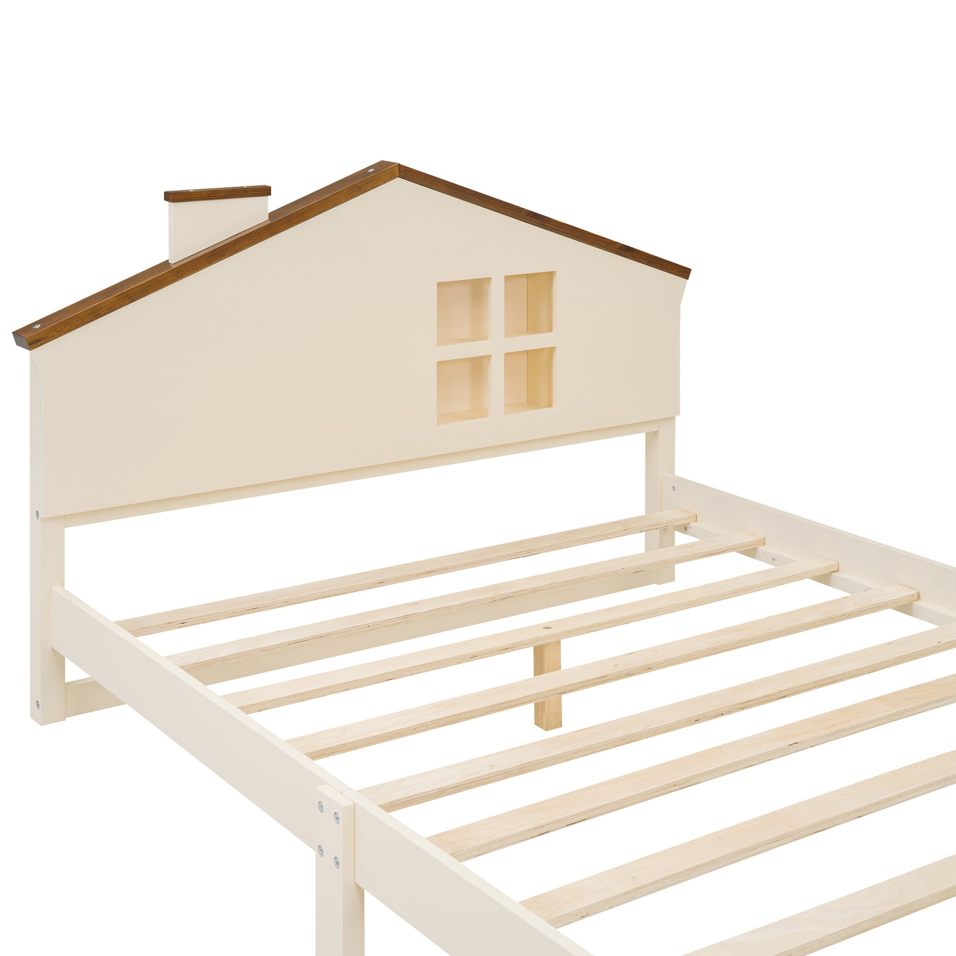 Full Size Wood Platform Bed With House Shaped Headboard And Built In Led, Walnut Milk White Box Spring Not Required Full White Wood Bedroom Solid Wood Mdf