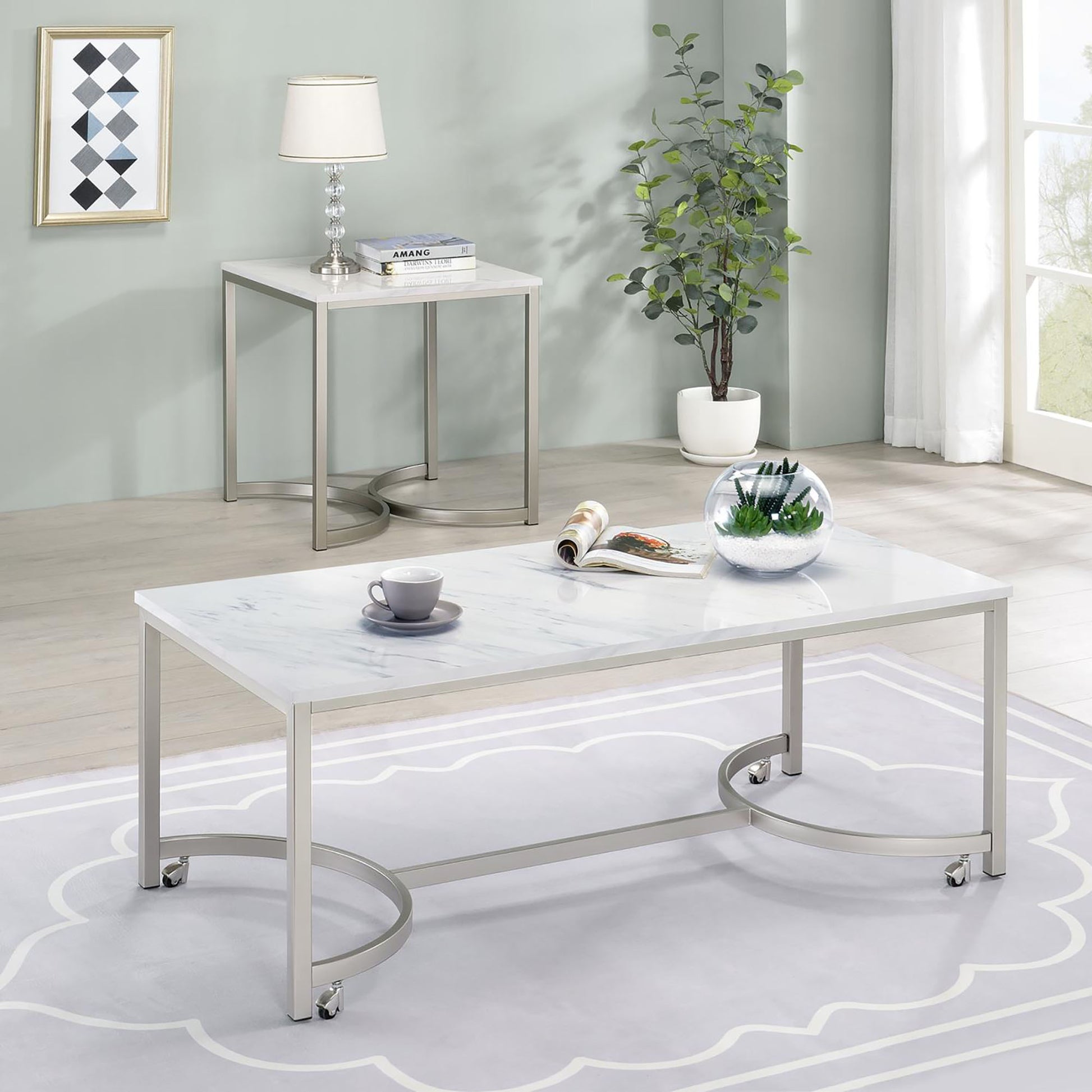 White And Satin Nickel Coffee Table With Casters White Casters Or Wheels Primary Living Space Contemporary,Modern Tabeltop Rectangular Coffee & End Tables Metal